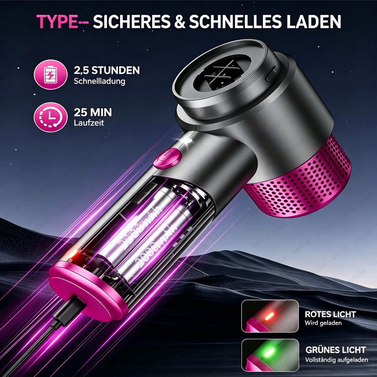 Ein kabelloser Haartrockner mit sichtbaren Batterien und rosa Akzenten, der lädt.