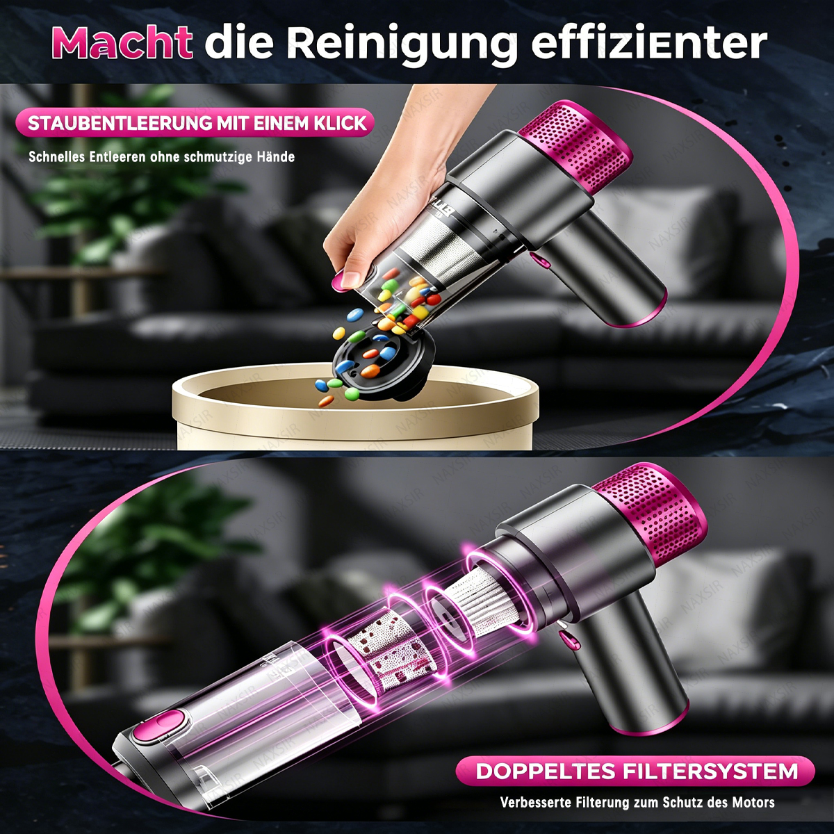 Handstaubsauger leert Behälter mit bunten Kugeln in einen Eimer. Filter werden gezeigt.