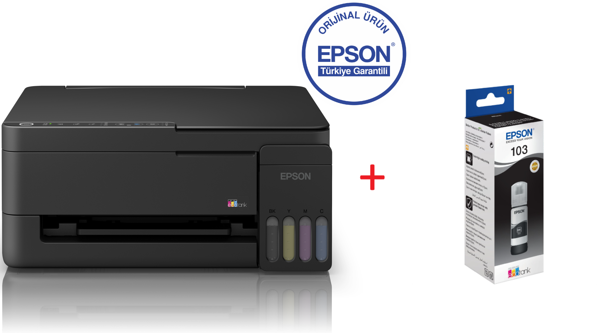Mürekkep tanklı siyah Epson yazıcı ve yanında siyah mürekkep şişesi.