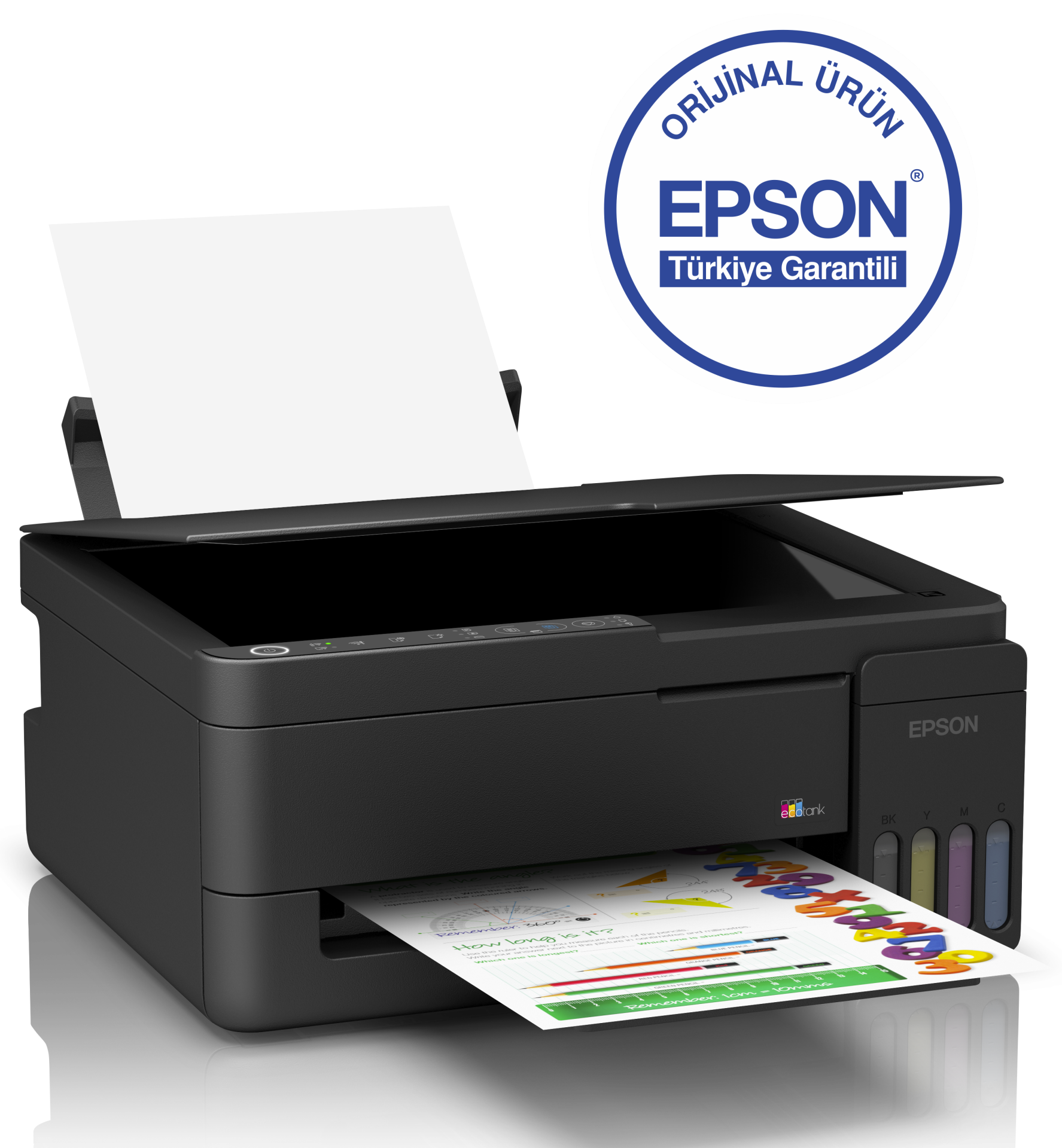 Siyah bir Epson EcoTank yazıcı, sayılar ve cetvel içeren renkli bir kağıt yazdırıyor.