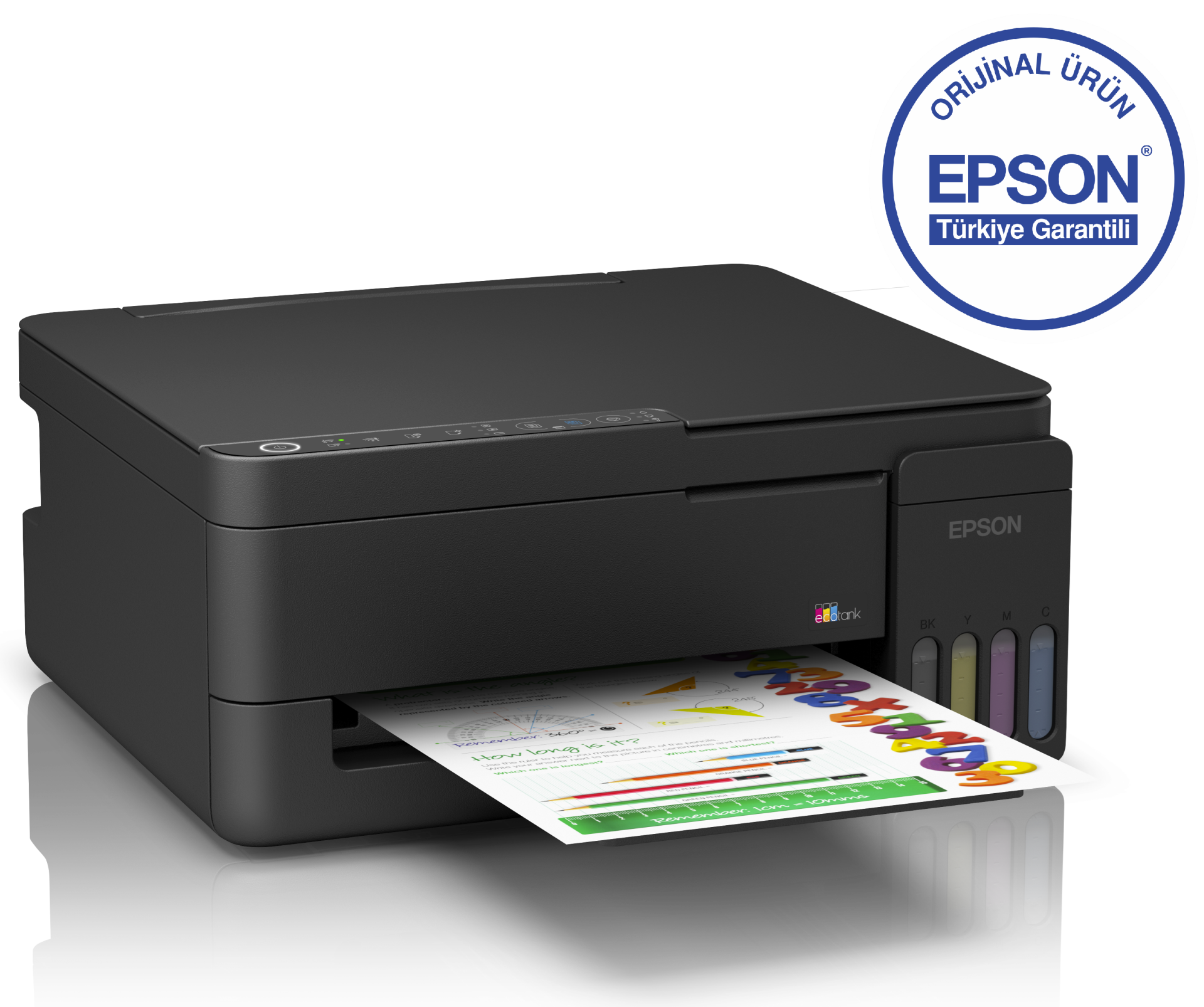 Geometrik şekiller ve sayılar gösteren kağıtlı siyah Epson EcoTank yazıcı.