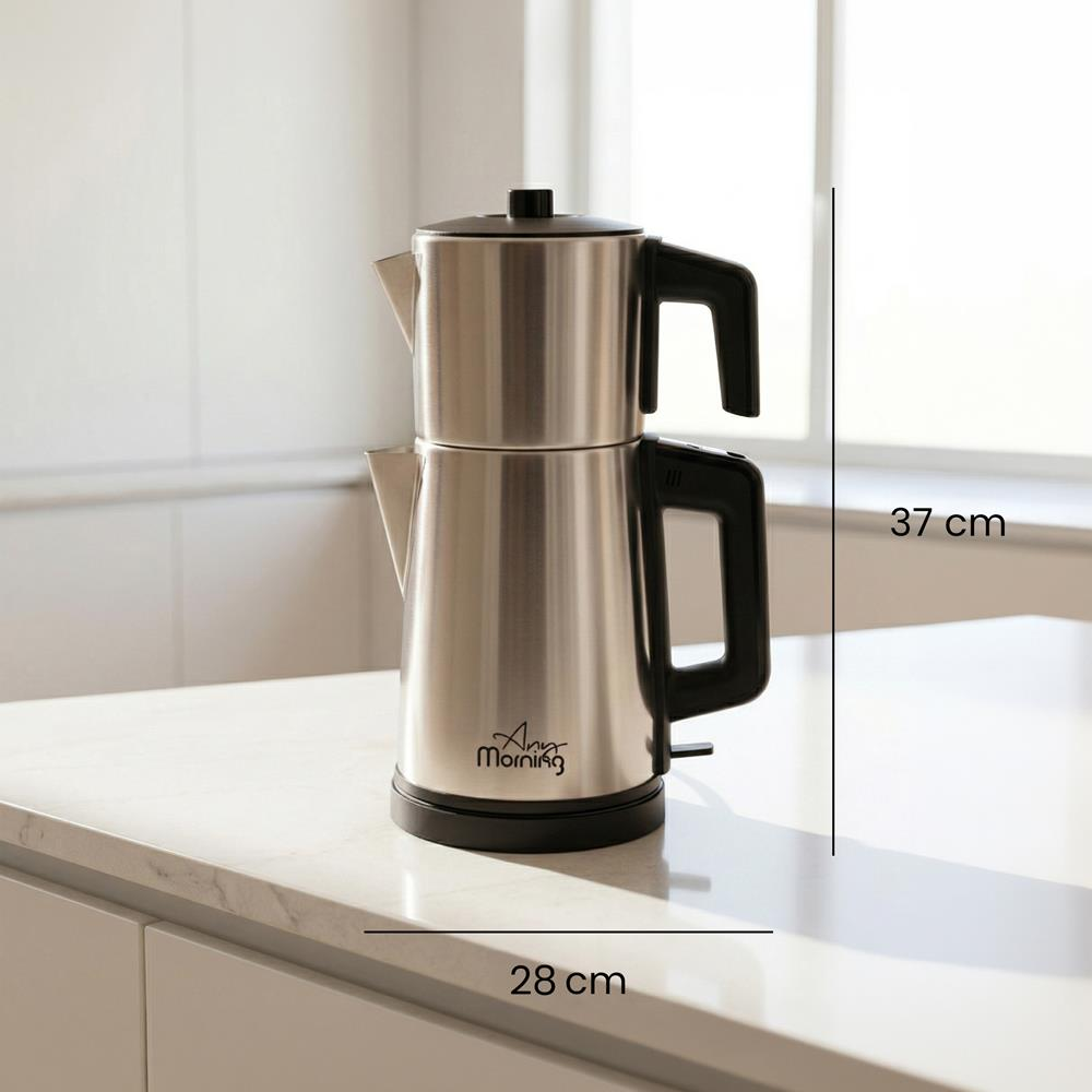 Gümüş renkli, iki katlı çay makinesi tezgah üzerinde duruyor.