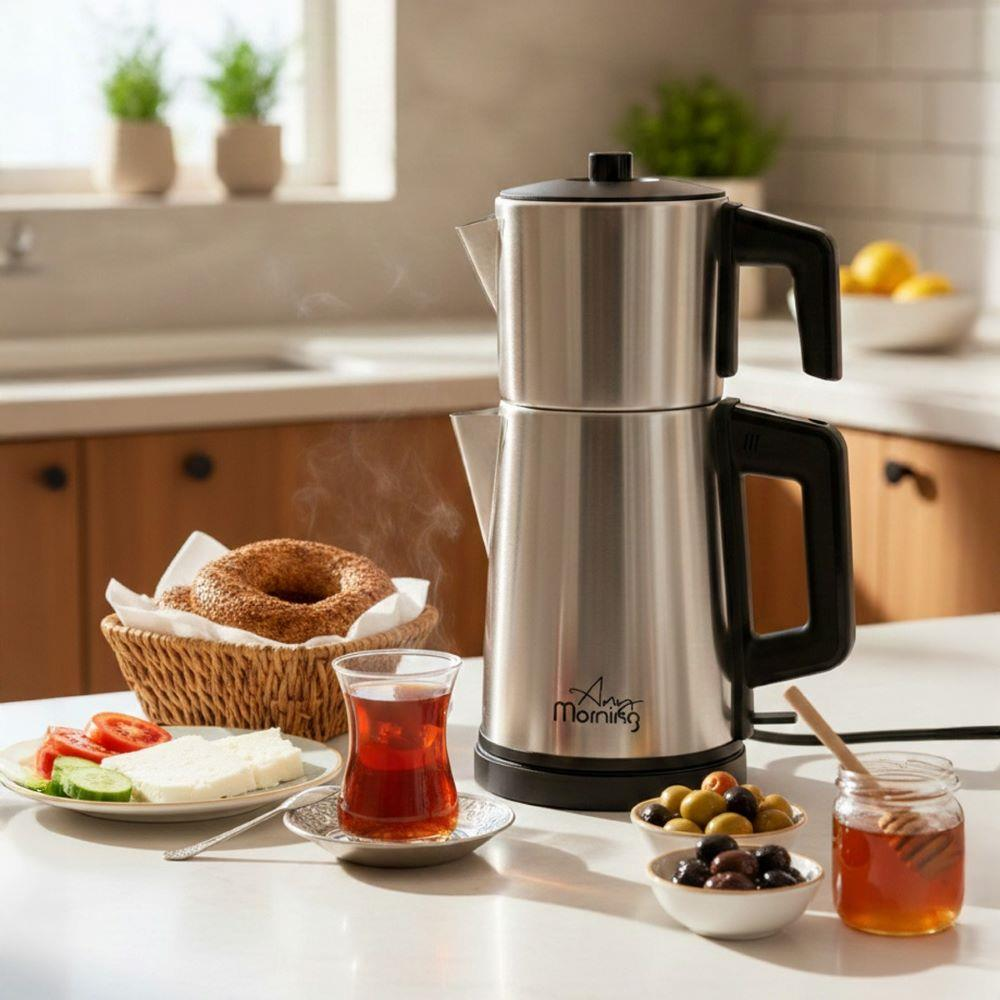 Gümüş çay makinesi, bir bardak çay, zeytin, bal ve kahvaltıyla tezgahta.