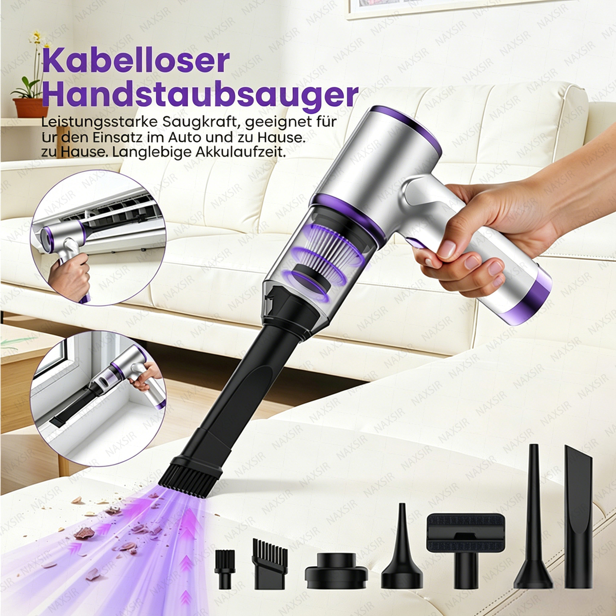 Kabelloser Handstaubsauger reinigt Krümel von einer Couch. Zubehörteile sind sichtbar.