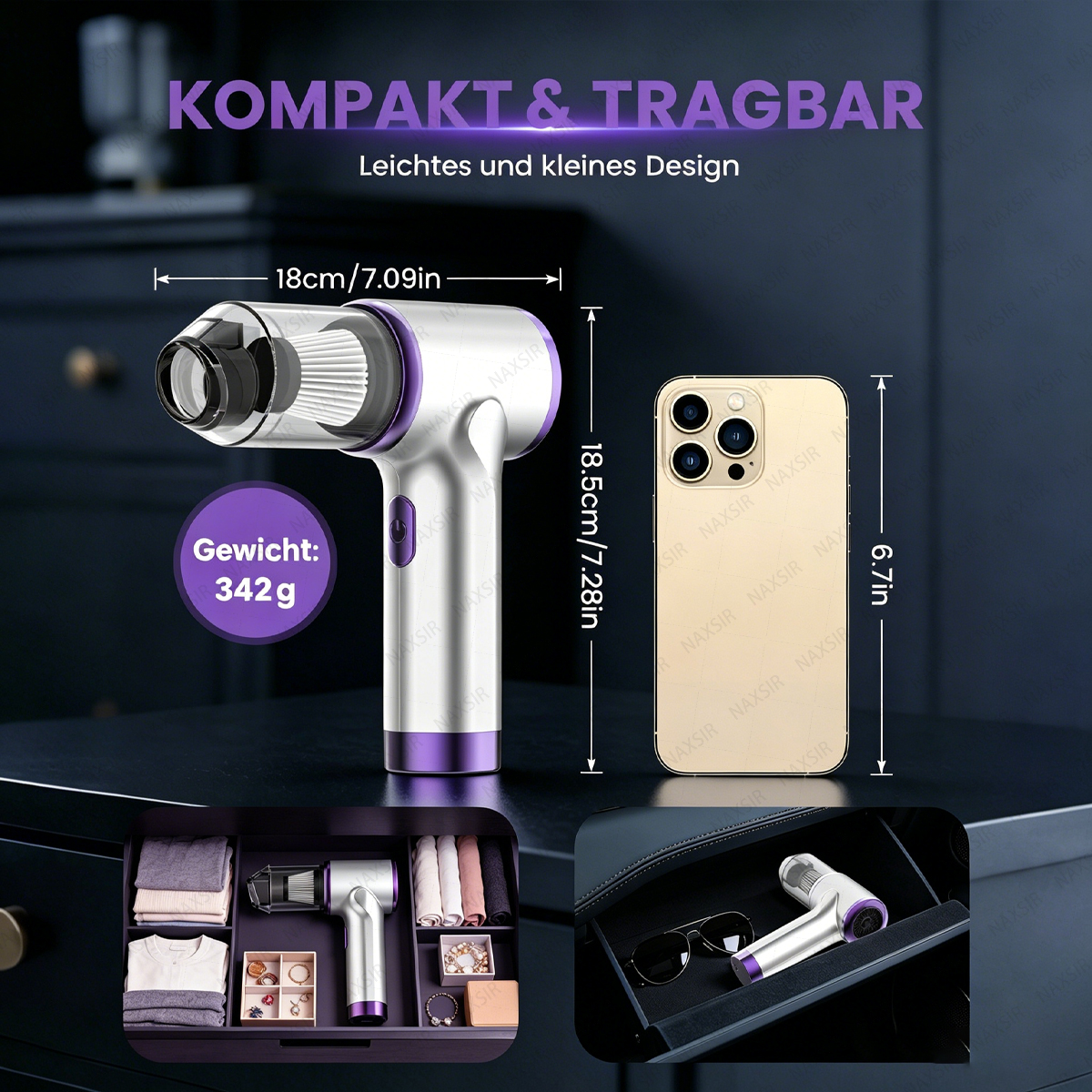 Kompakter Staubsauger (18,5cm) neben einem Smartphone. Für Auto/Schublade.