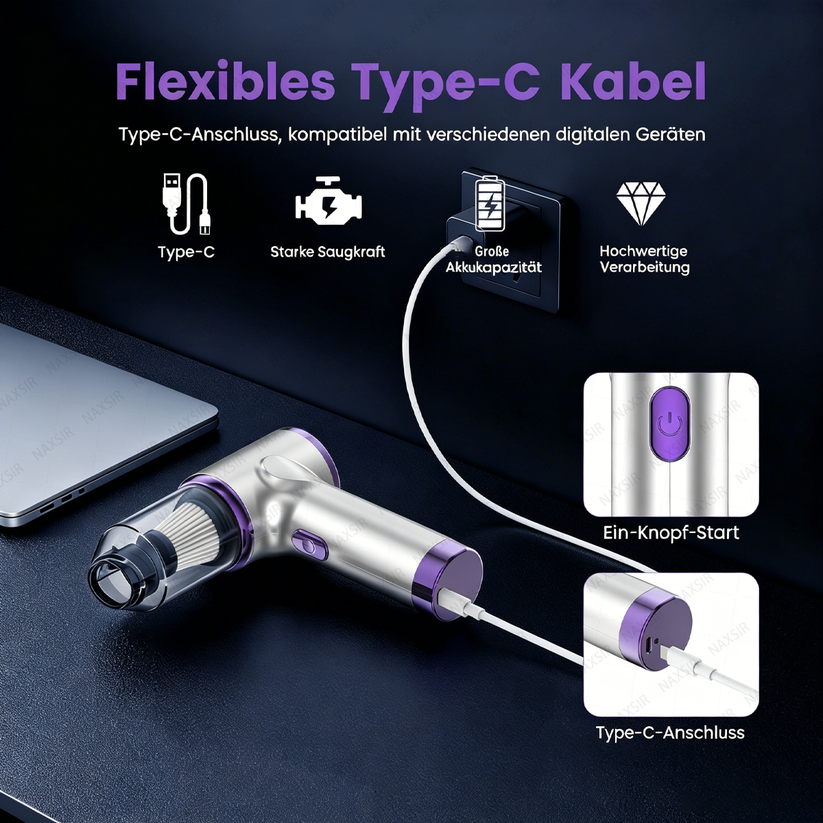Ein silberner Handstaubsauger mit violetter Verzierung wird über USB-C aufgeladen.