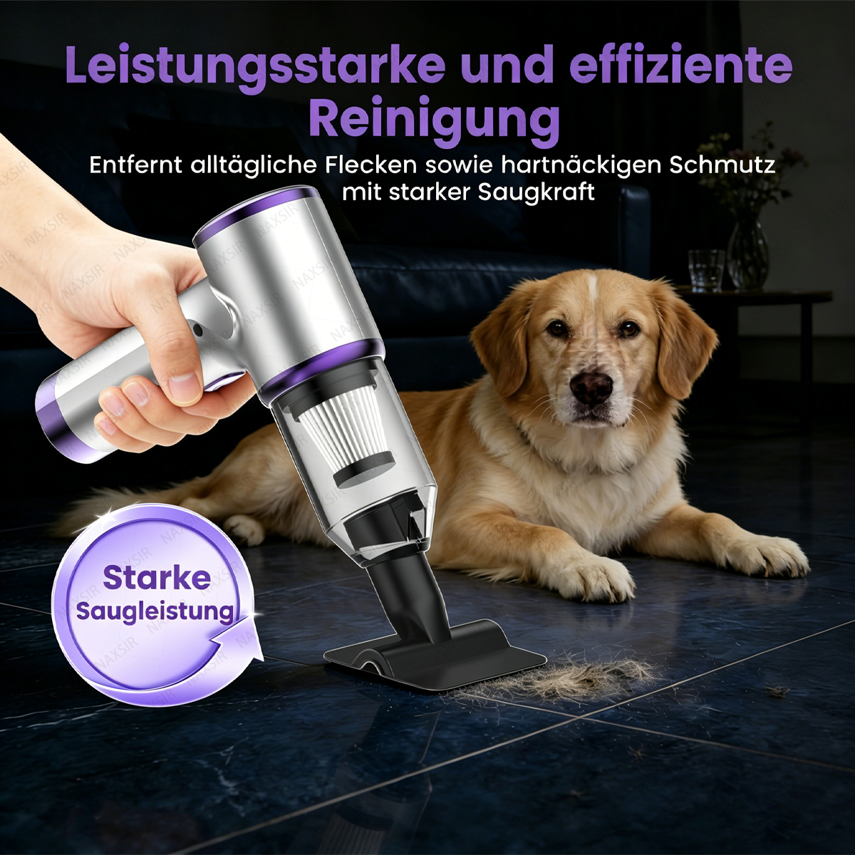 Ein Hund liegt auf dem Boden, während eine Hand einen Handstaubsauger benutzt, um Haare aufzusaugen.