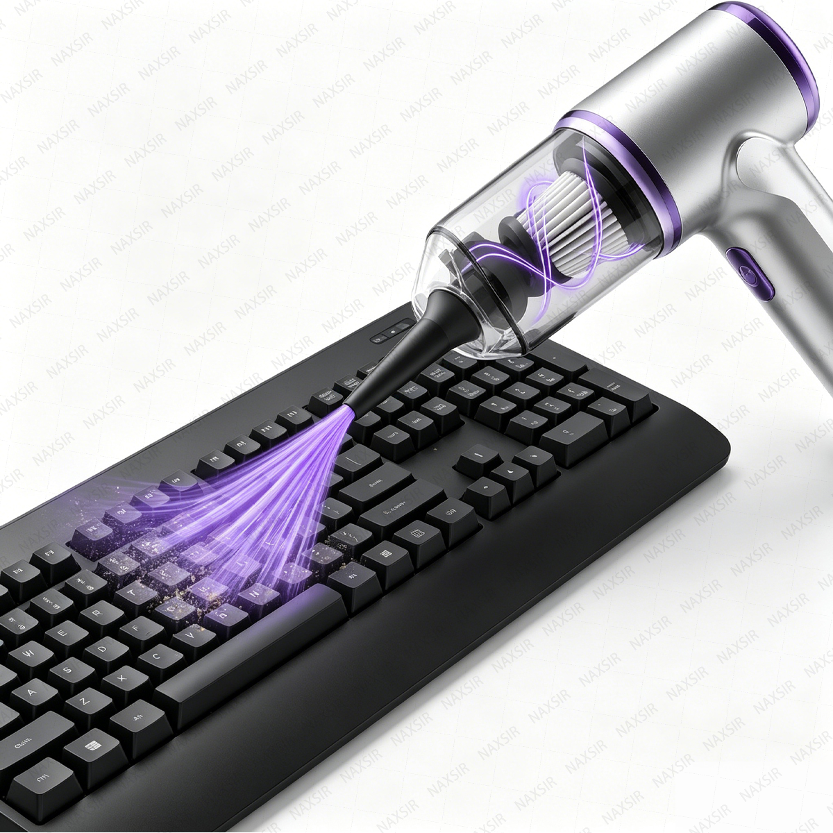 Ein Handstaubsauger reinigt eine schwarze Tastatur mit lila Saugkraft.