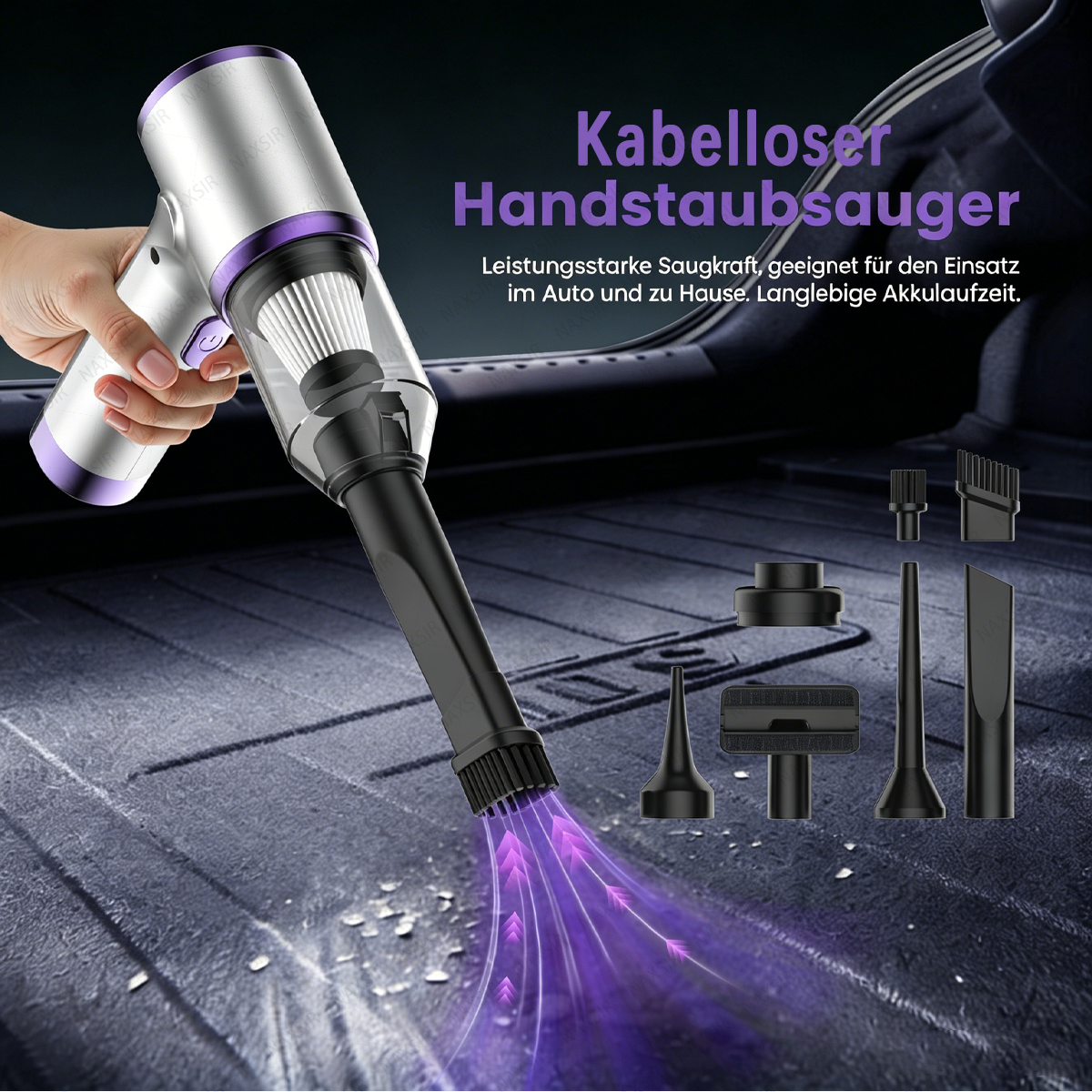 Ein silberner Handstaubsauger mit lila Akzenten wird gehalten. Zubehör liegt daneben.