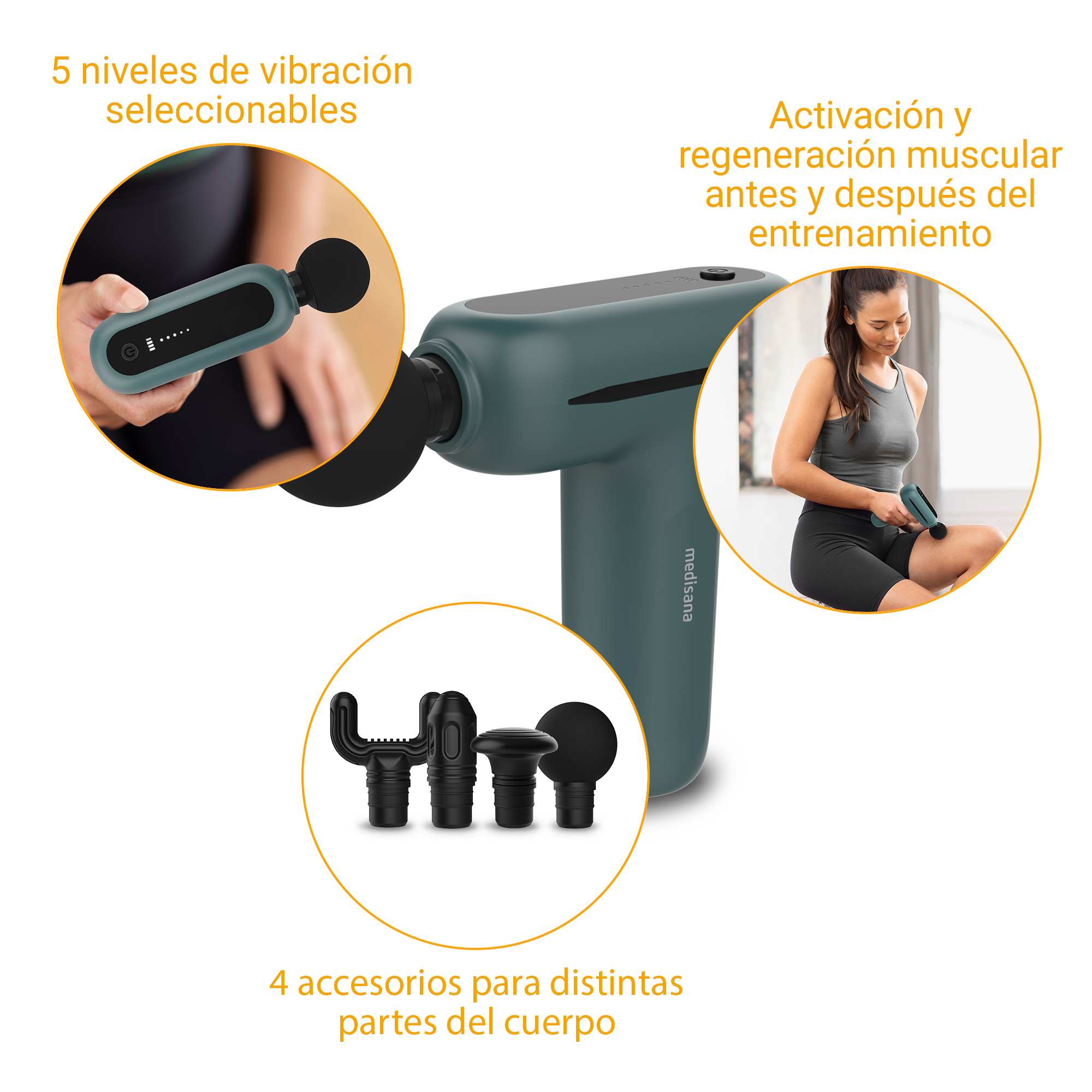 Pistola de masaje con múltiples accesorios y niveles de vibración.