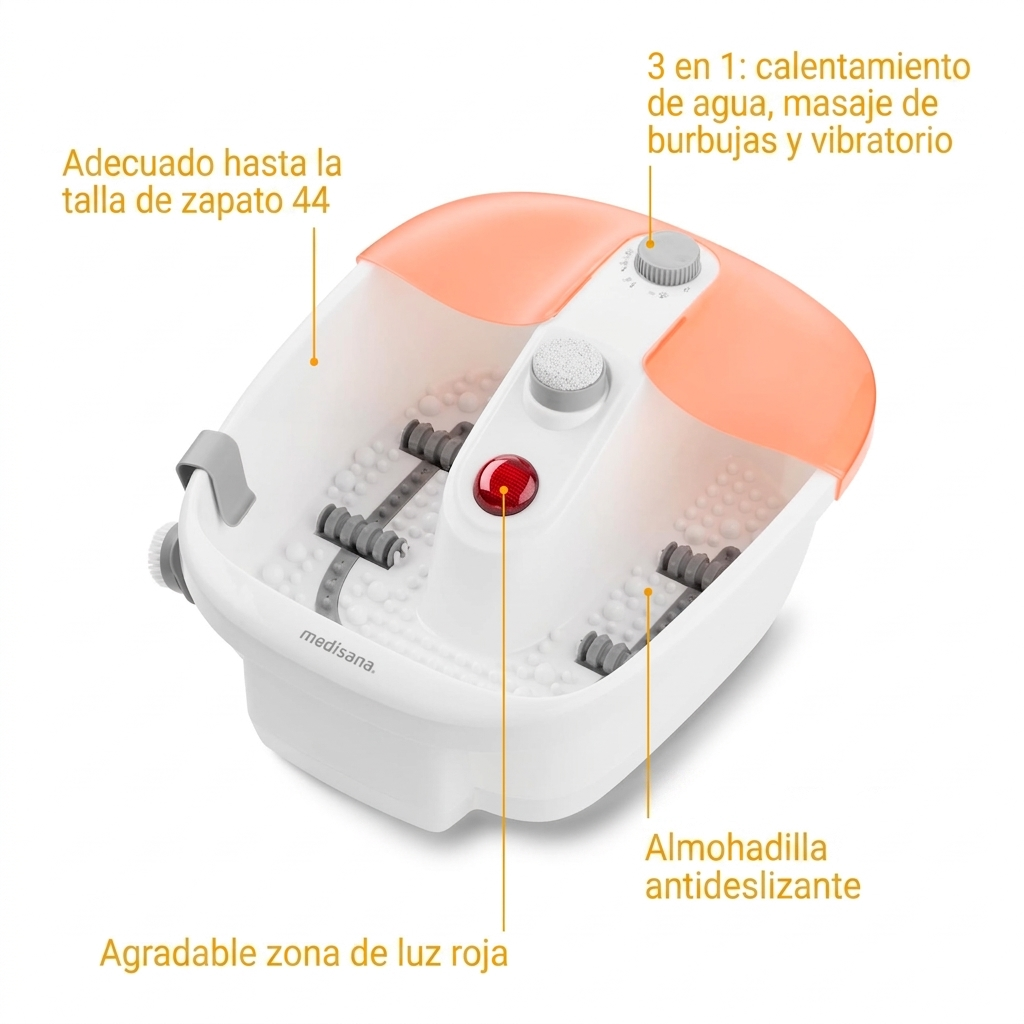 Vasca per piedi bianca con coperchio e controlli arancioni. Mostra funzioni 3 in 1.