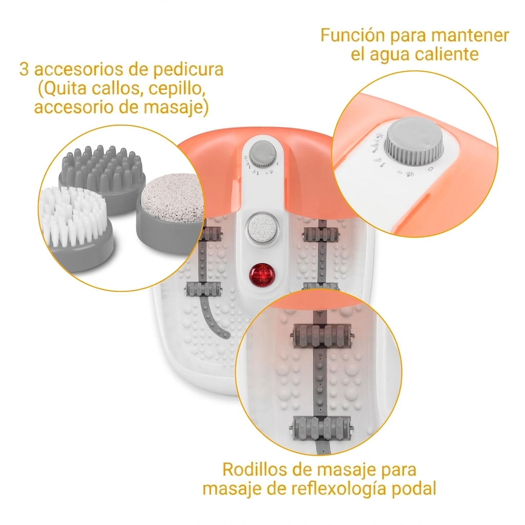 Vasca per pediluvio con rulli massaggianti e tre accessori per pedicure. Mantiene l'acqua calda.