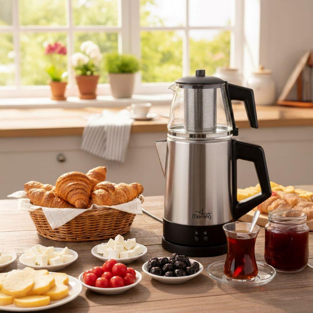 Kruvasan, peynir, kiraz, zeytin, reçel ve çay makinesi ile kahvaltı masası.