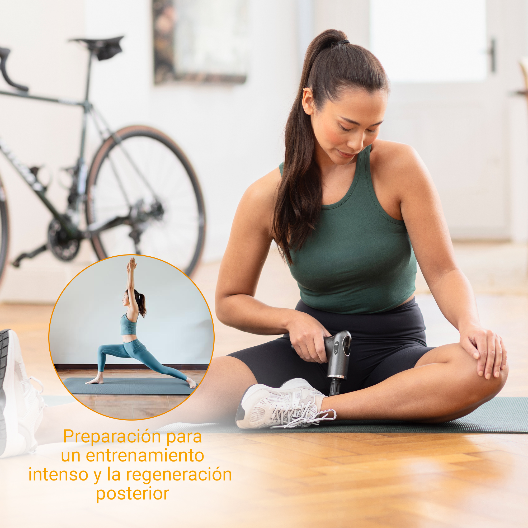 Mujer usando pistola de masaje en pierna, con yoga e bicicleta en recuadro.