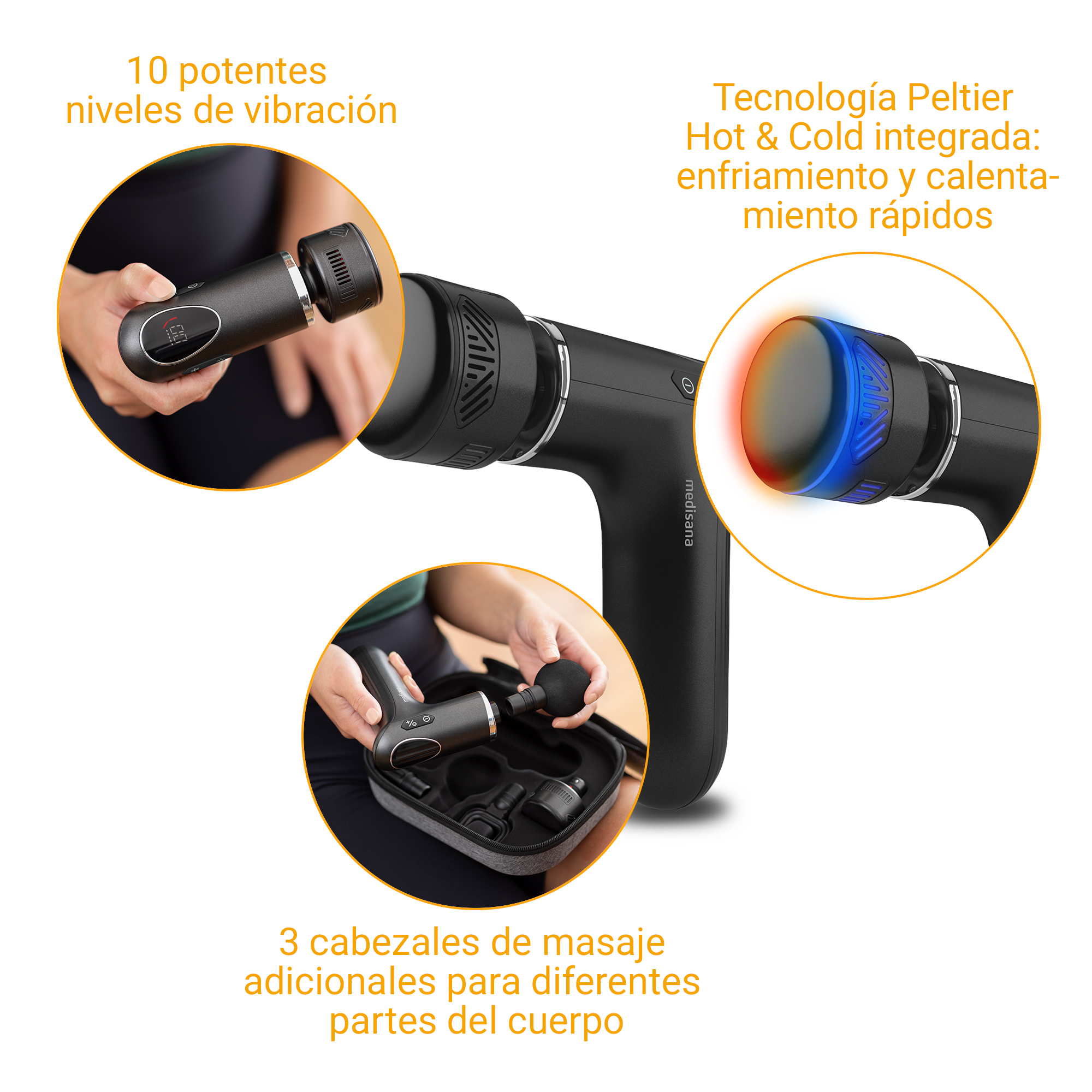 Una pistola de masaje negra con accesorios y función frío/calor.