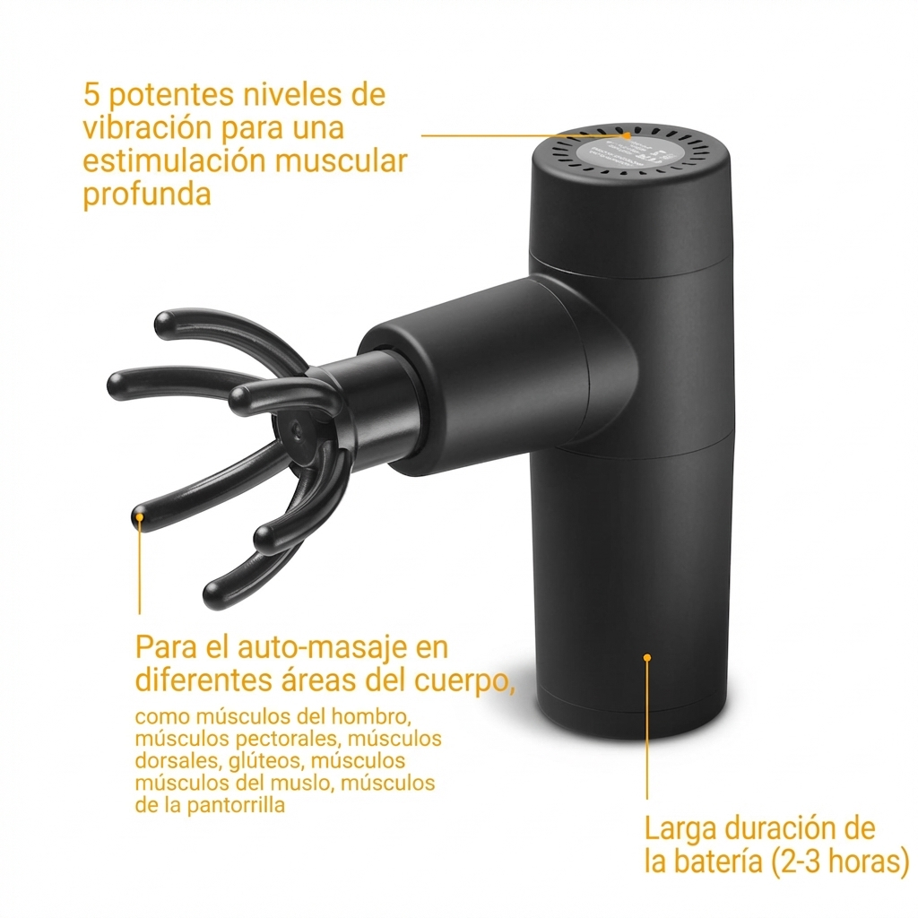 Black massage gun with interchangeable heads and yellow text labels.
