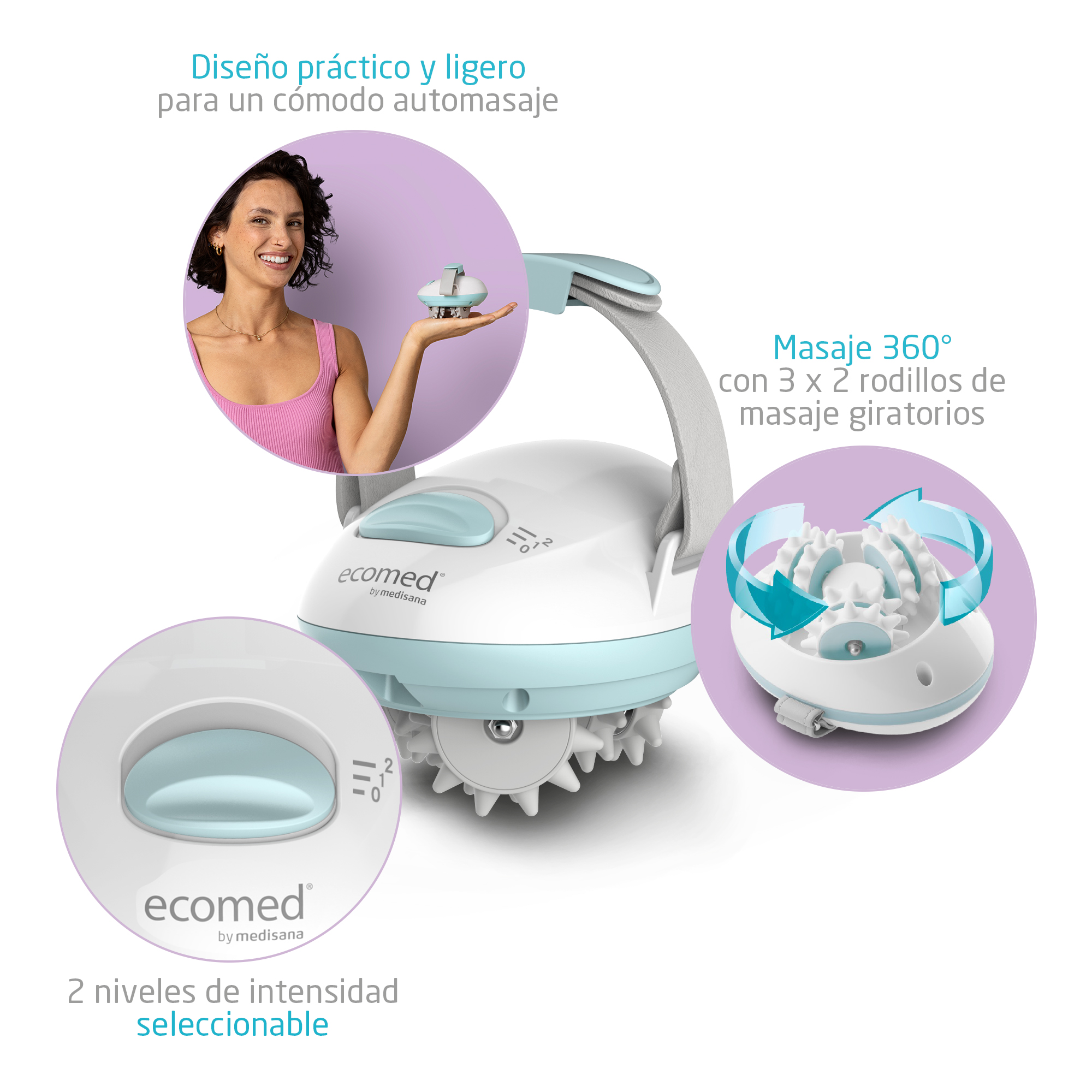 Dispositivo de masaje con rodillos y dial de control. Una mujer lo muestra.