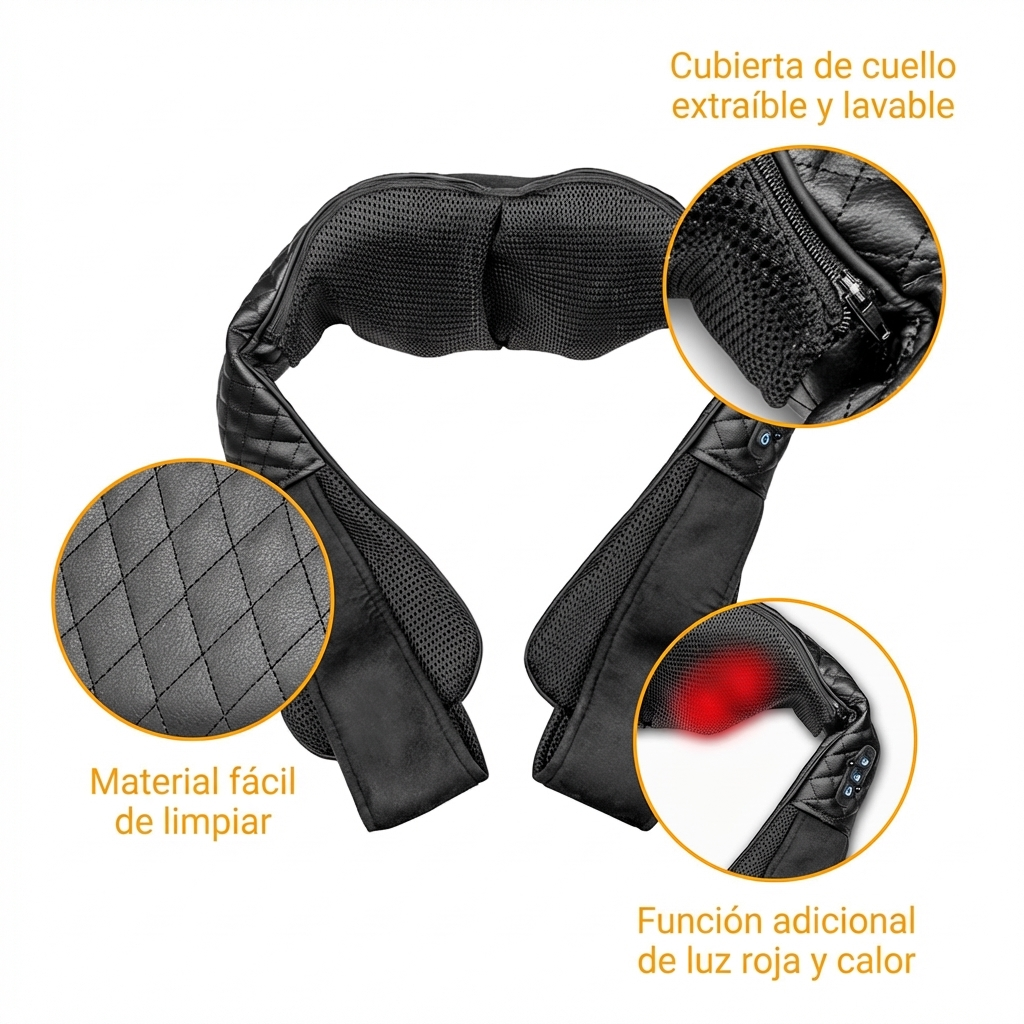 Massaggiatore per il collo nero con copertina rimovibile, luce rossa e calore.