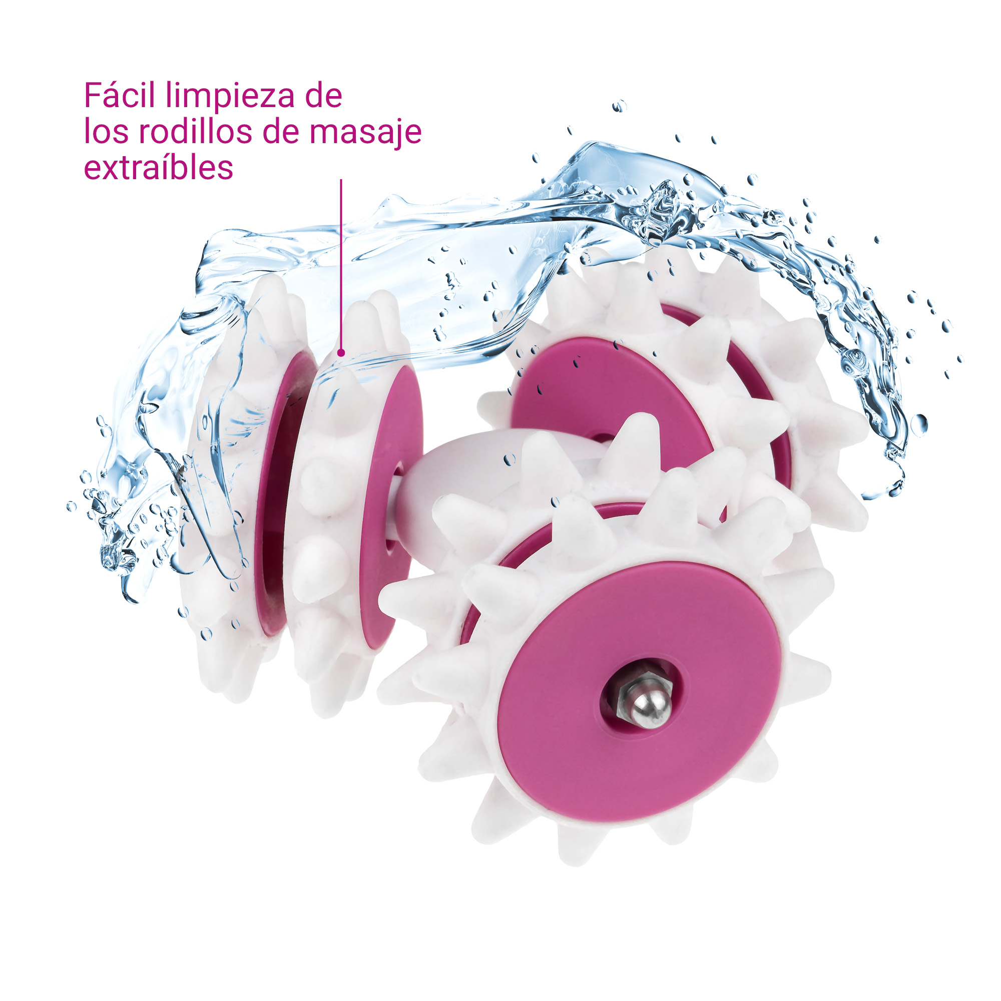 A white massage roller with pink accents under a splash of water.