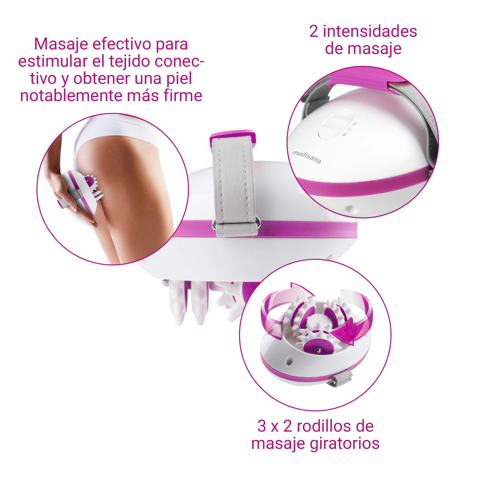 A massaging device with rollers for skin firming, shown being used on a leg.