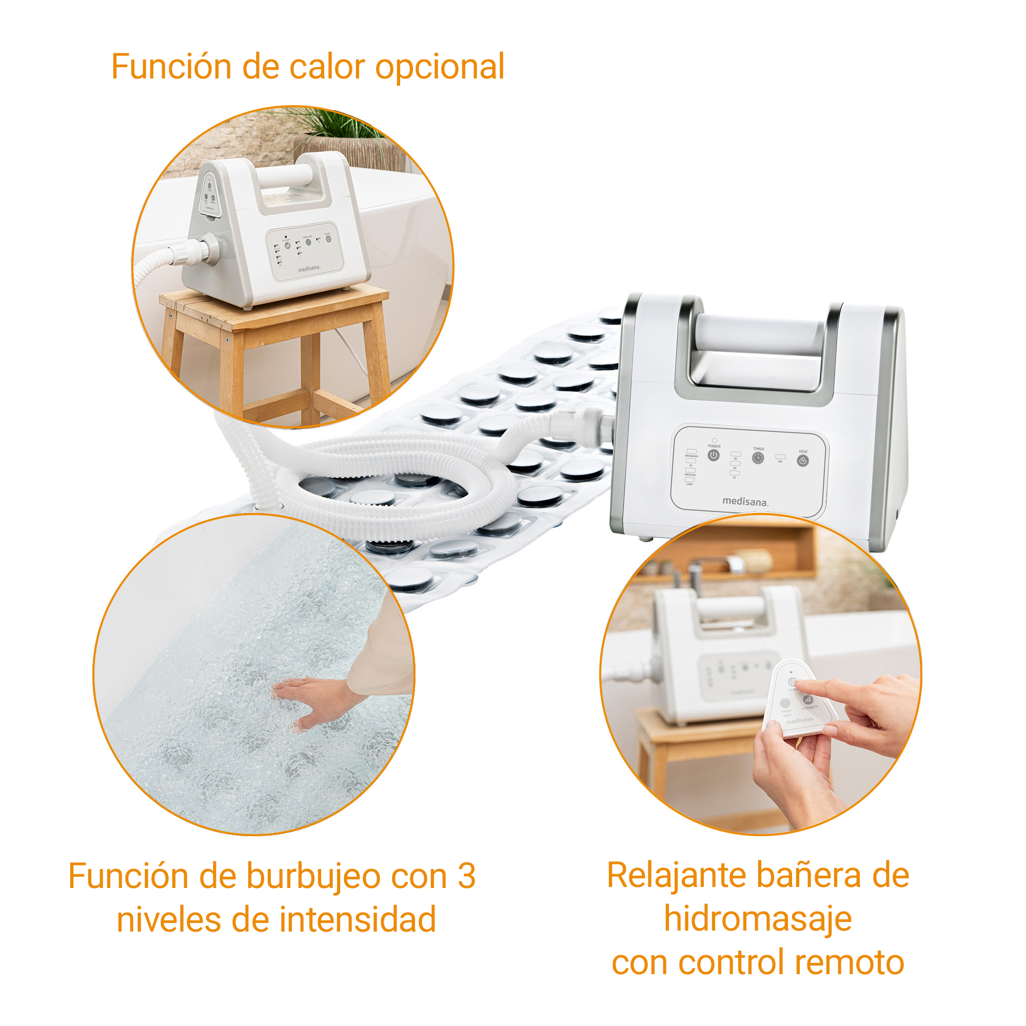 Ein Medisana Whirlpool mit Sprudelmatte, Fernbedienung und optionaler Heizfunktion.
