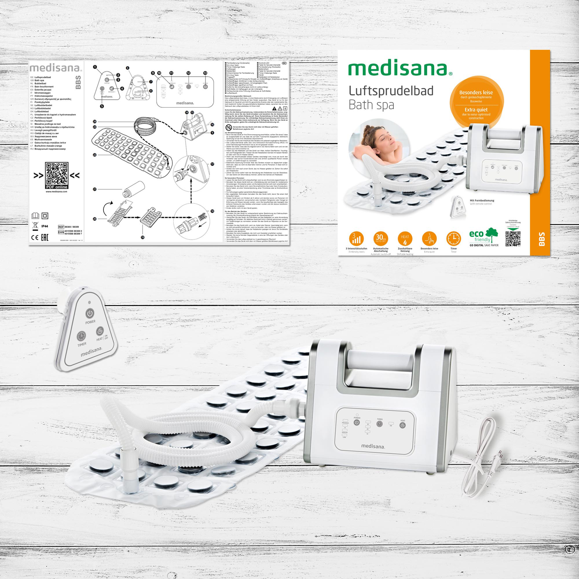 Medisana Luftsprudelbad mit Massagematte, Pumpe, Fernbedienung und Anleitung.