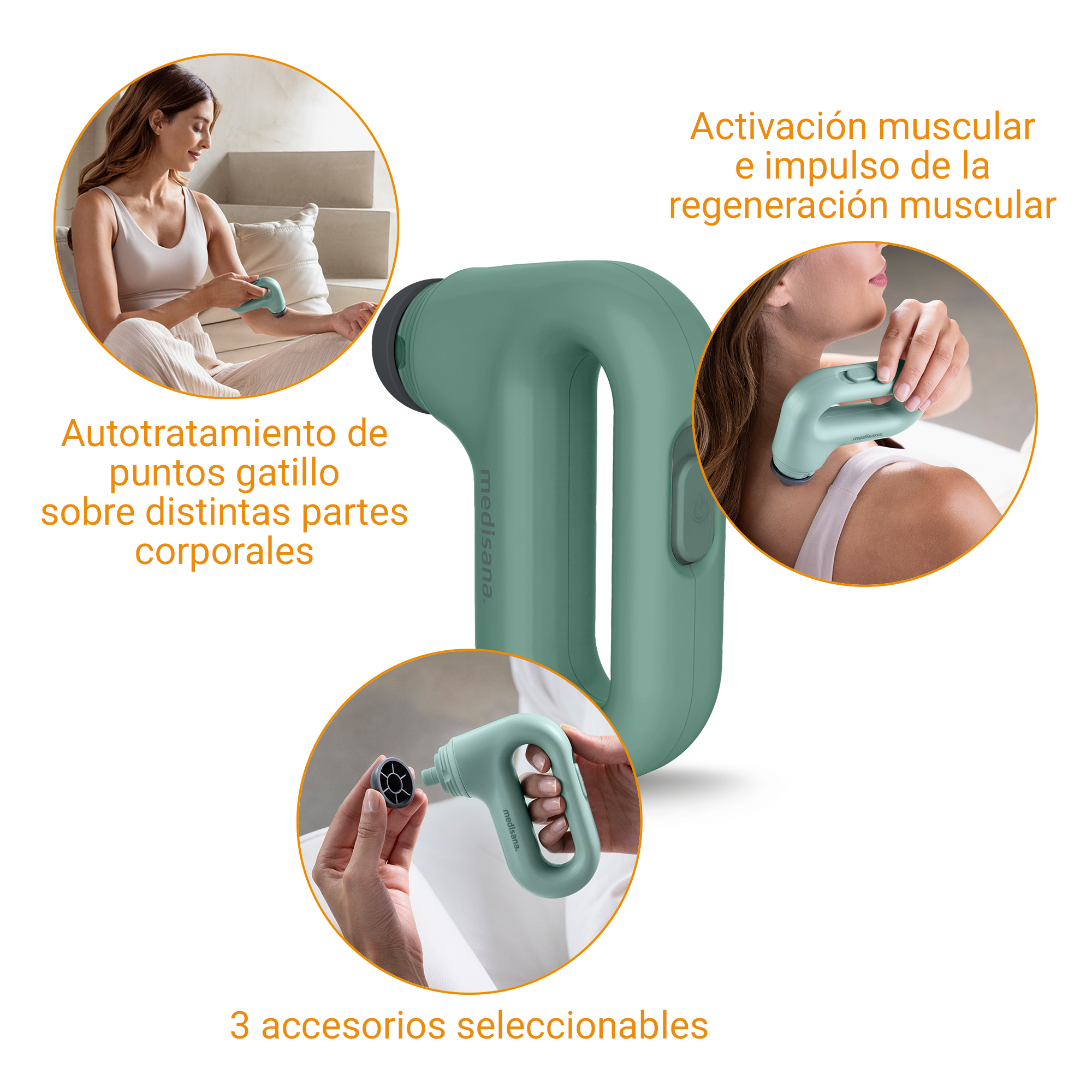 Grünes Massagegerät mit verschiedenen Aufsätzen und Anwendungsvideos.