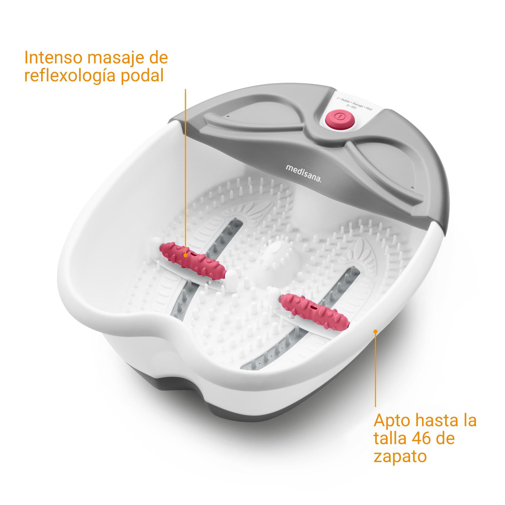 Ein weier Fusprudel mit grauen Akzenten und rosa Massageaufsätzen.