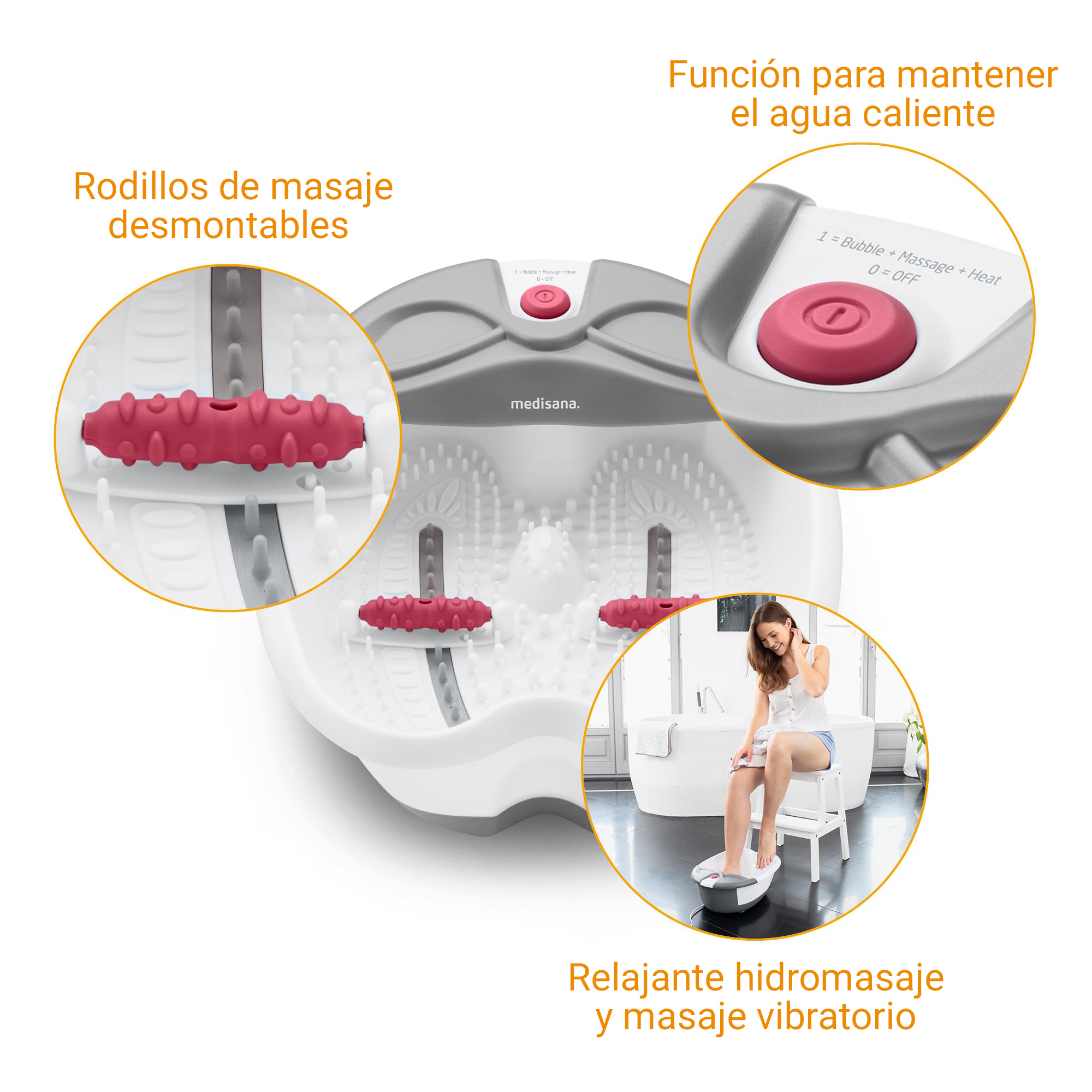 Medisana Fußsprudelbad mit abnehmbaren Massagebürsten und Wärmefunktion.
