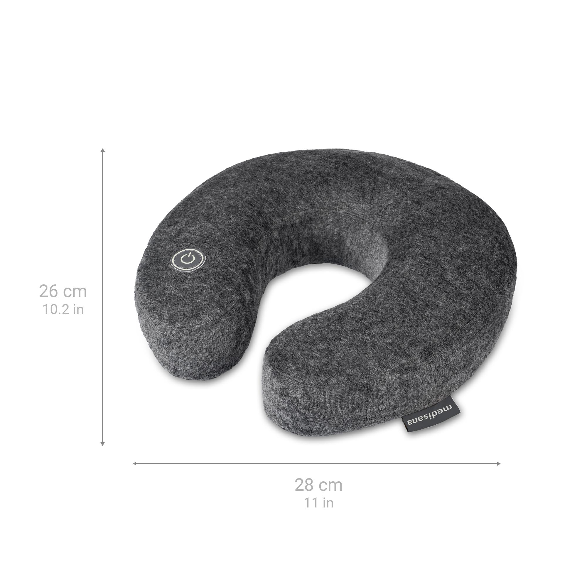 Gray neck pillow with power symbol and dimensions 26x28 cm.