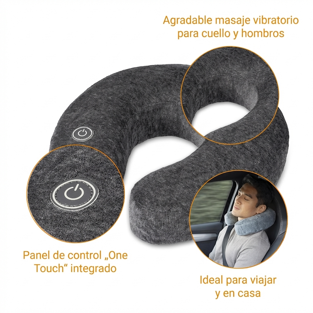 Gray neck pillow with vibration, control button, and man in car.