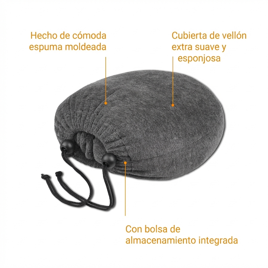 Gray foam neck pillow with fleece cover, drawstring, and storage pouch.