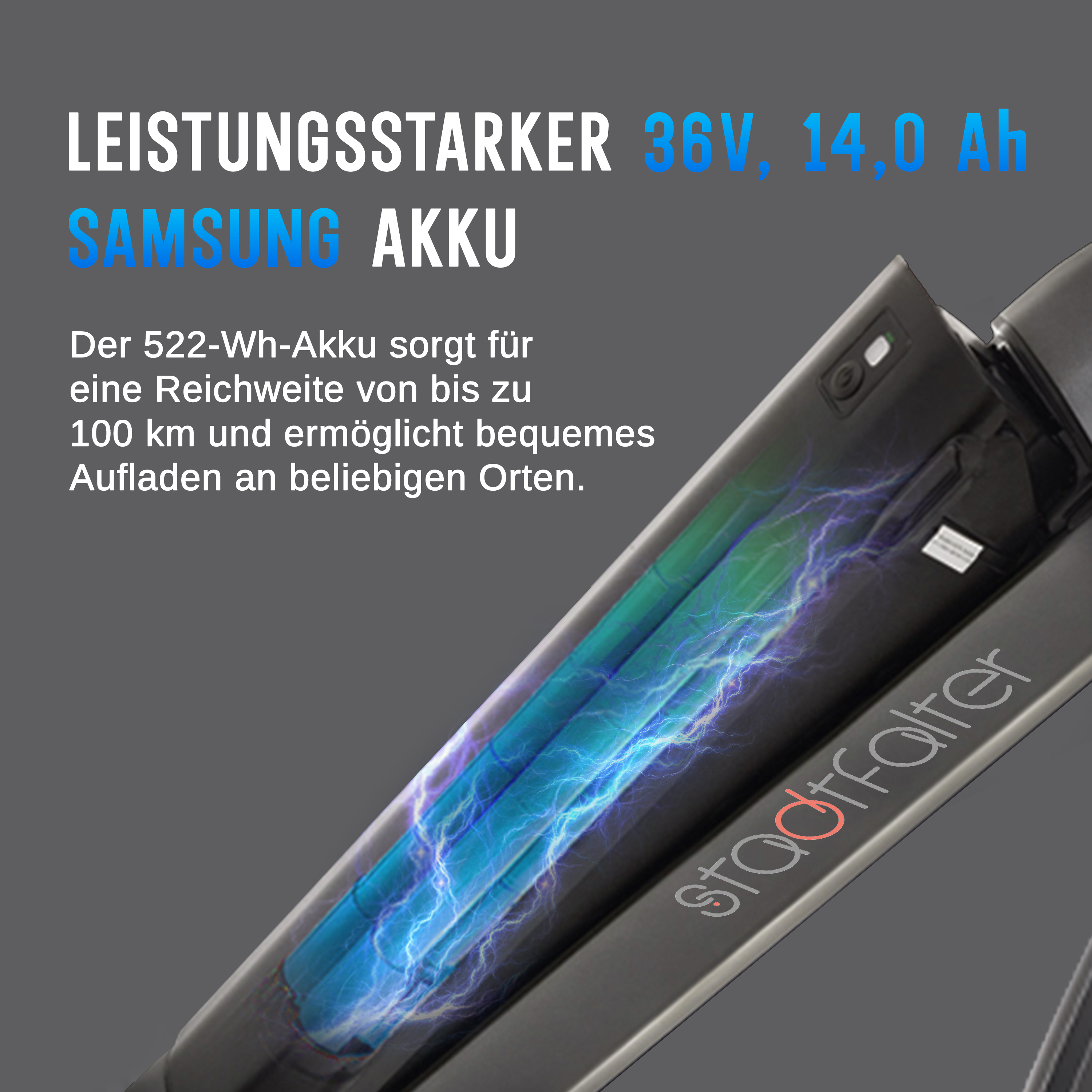 Leistungsstarker 36V 14.0 Ah Samsung Akku mit Ladeanzeige.