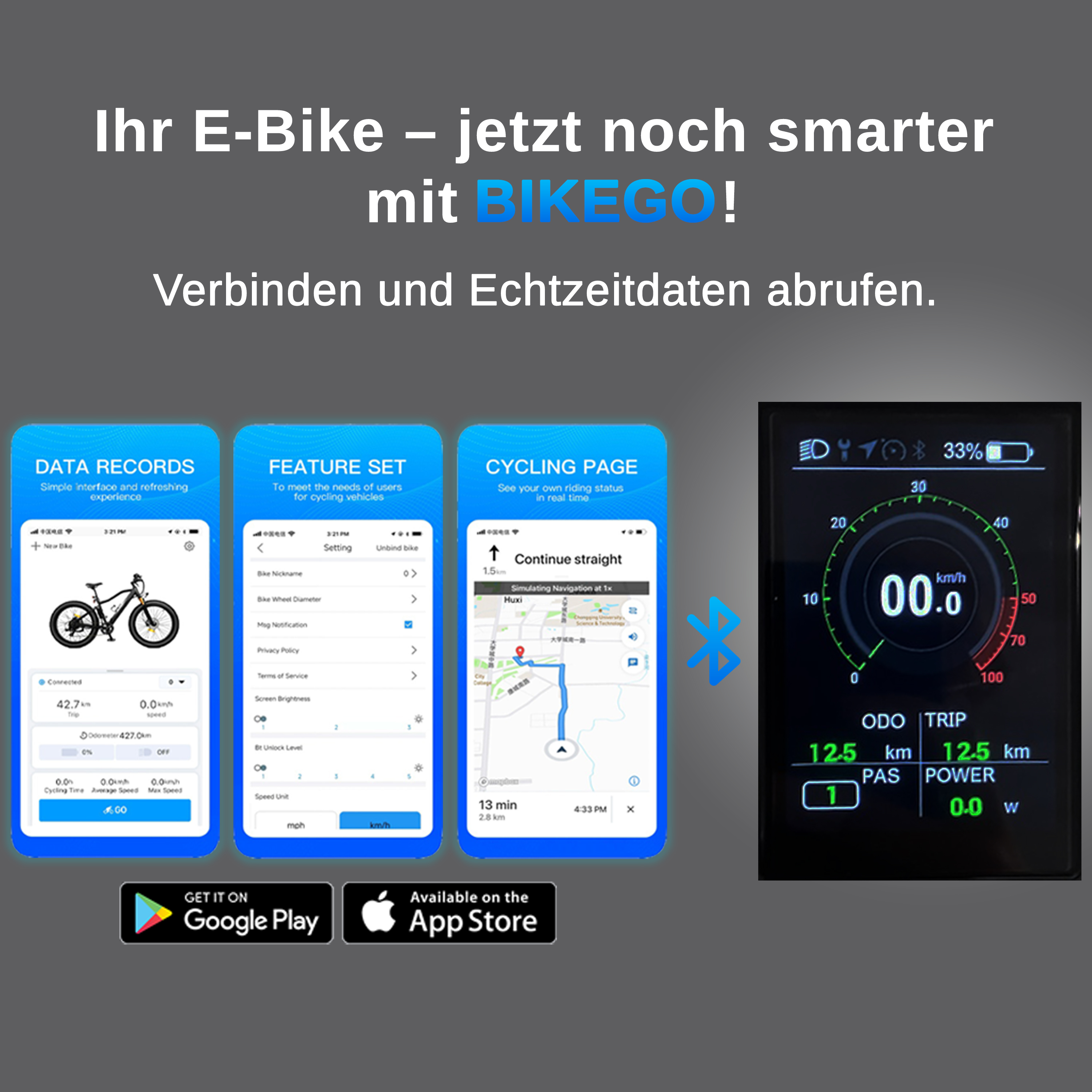 E-Bike mit BIKEGO App: Daten, Einstellungen, Navigation & Display.