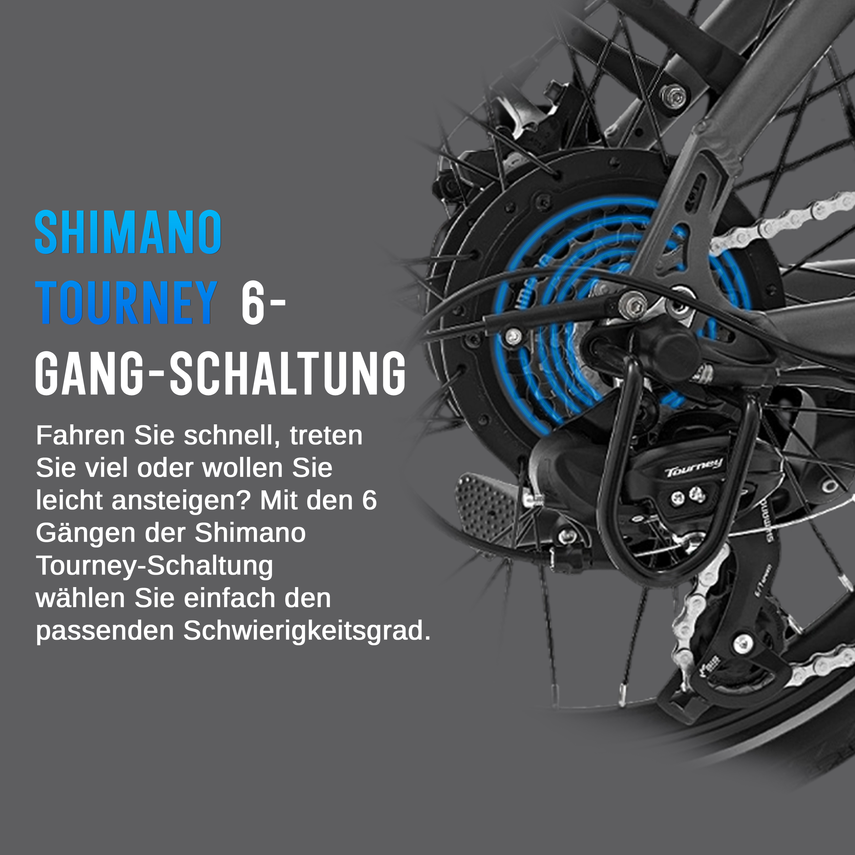 Nahaufnahme des Shimano Tourney 6-Gang-Schaltwerks an einem Fahrrad.