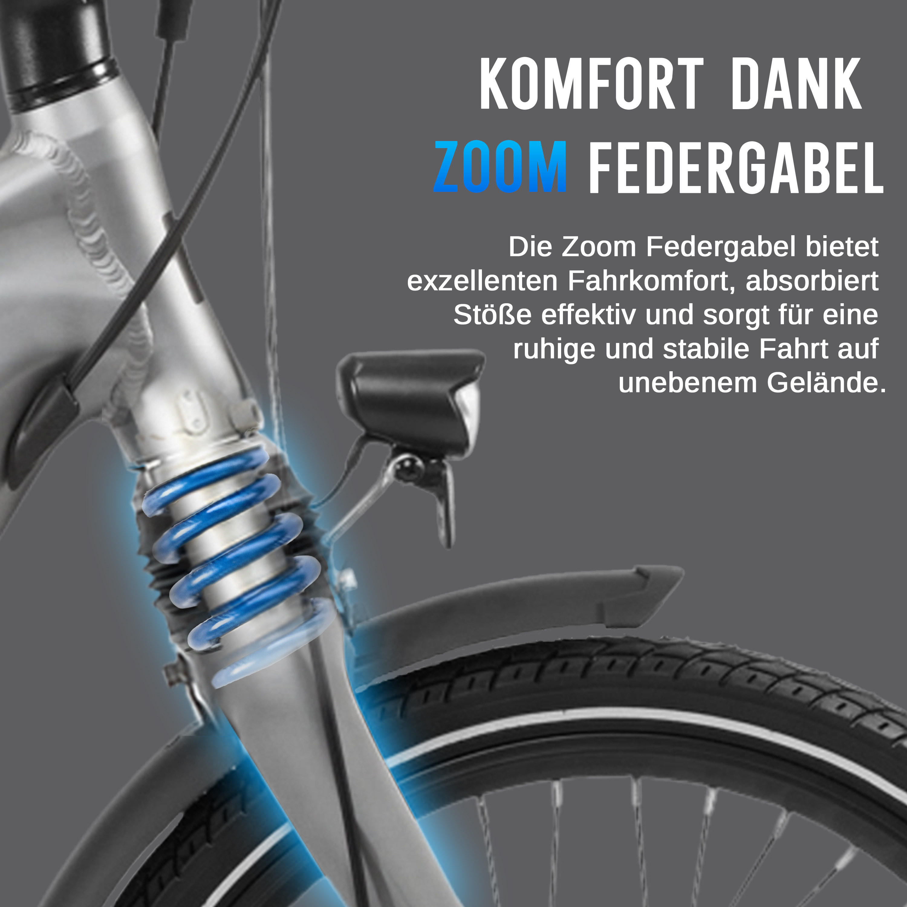 Detailaufnahme einer Fahrradfedergabel mit blauer Feder. Text: Komfort dank Zoom Federgabel.