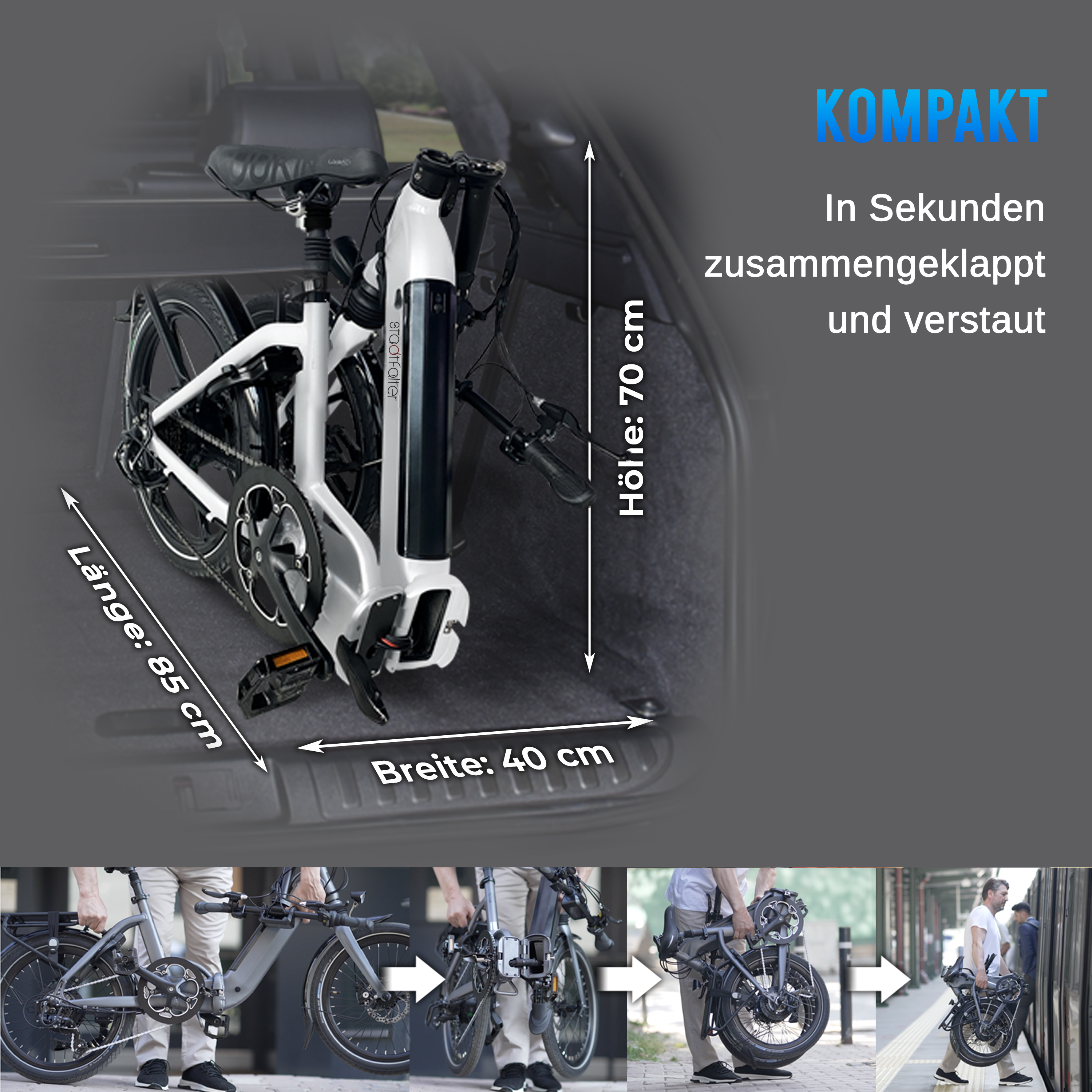 Kompaktes Faltrad in einem Kofferraum, Maße: L 85cm, H 70cm, B 40cm.
