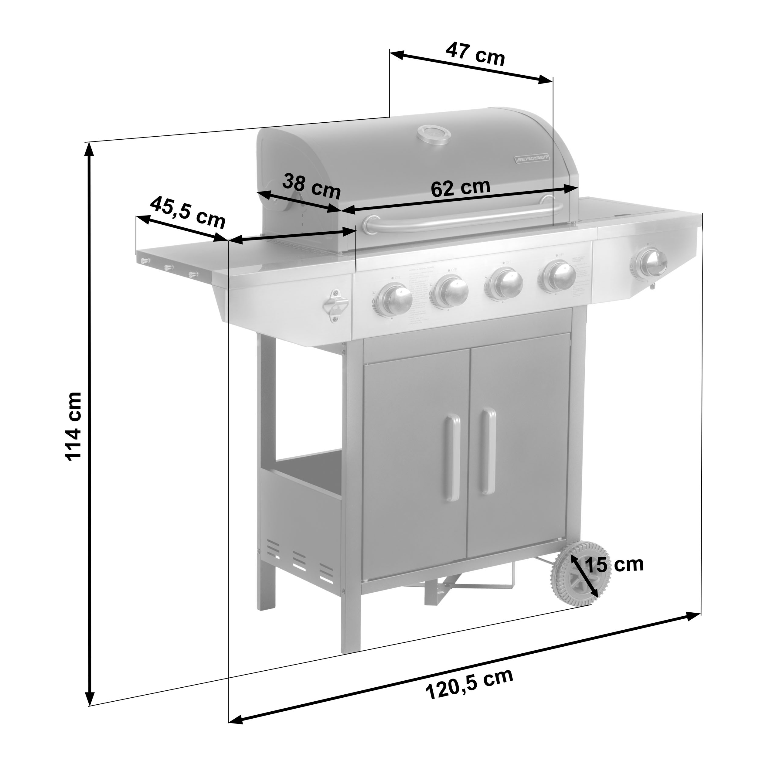 Pokazano srebrny grill z wymiarami.