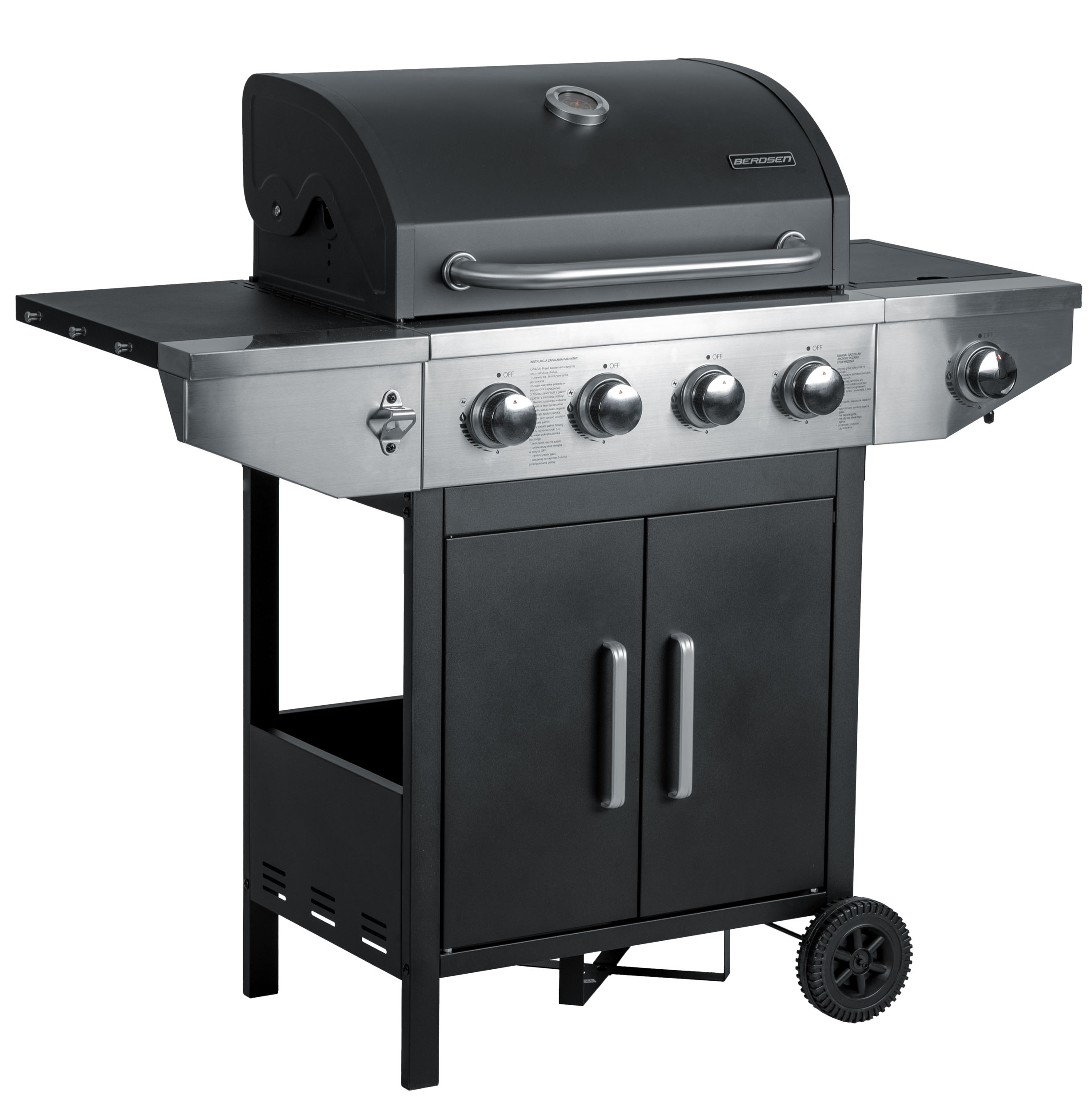 Czarny grill gazowy ze stalowymi detalami, czterema pokrętłami i termometrem.