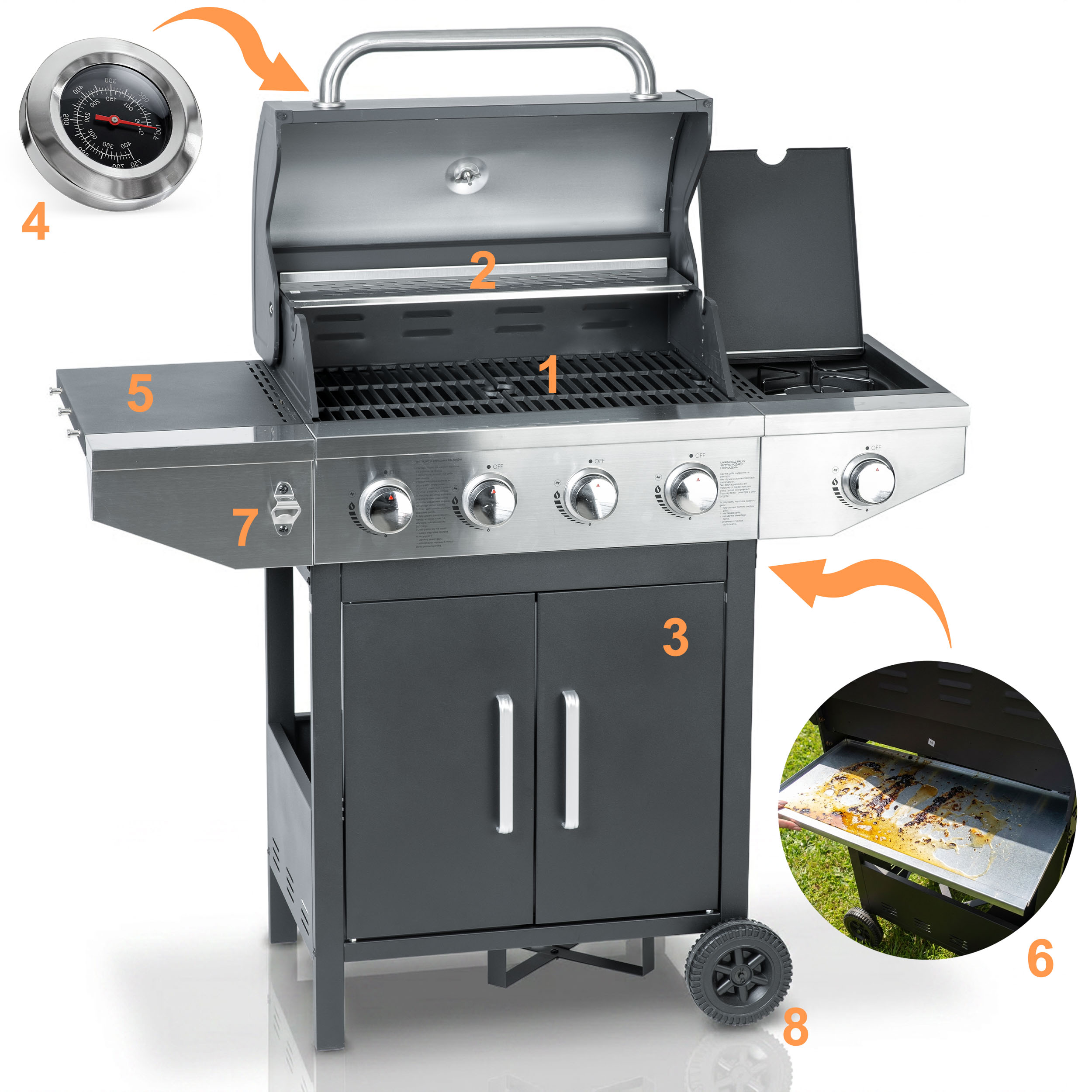 Grill gazowy z otwartą pokrywą, widocznymi rusztami i pokrętłami. Termometr w zestawie.