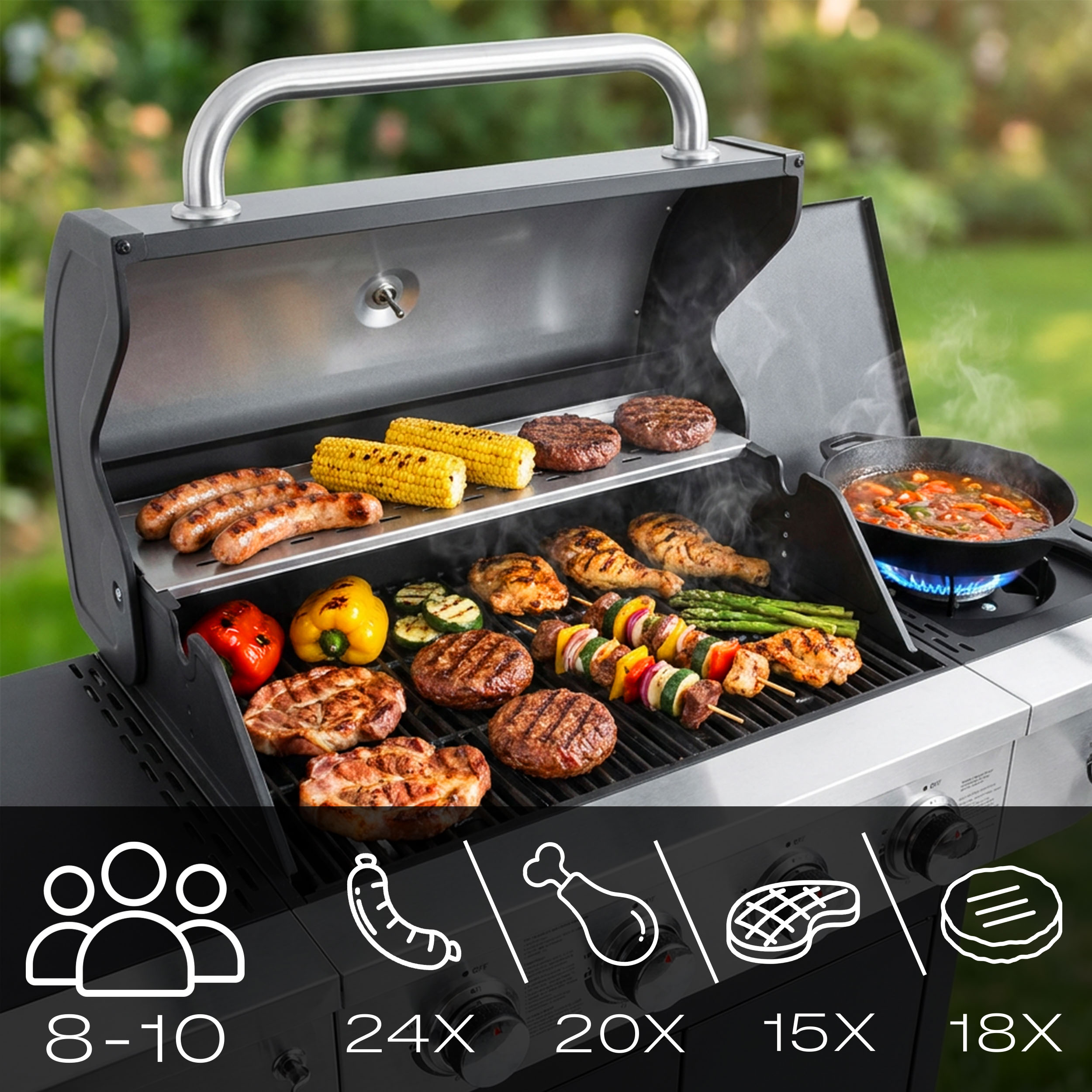 Grill z kiełbasami, kukurydzą, burgerami, szaszłykami, kurczakiem, warzywami i gulaszem. Dla 8-10 osób.