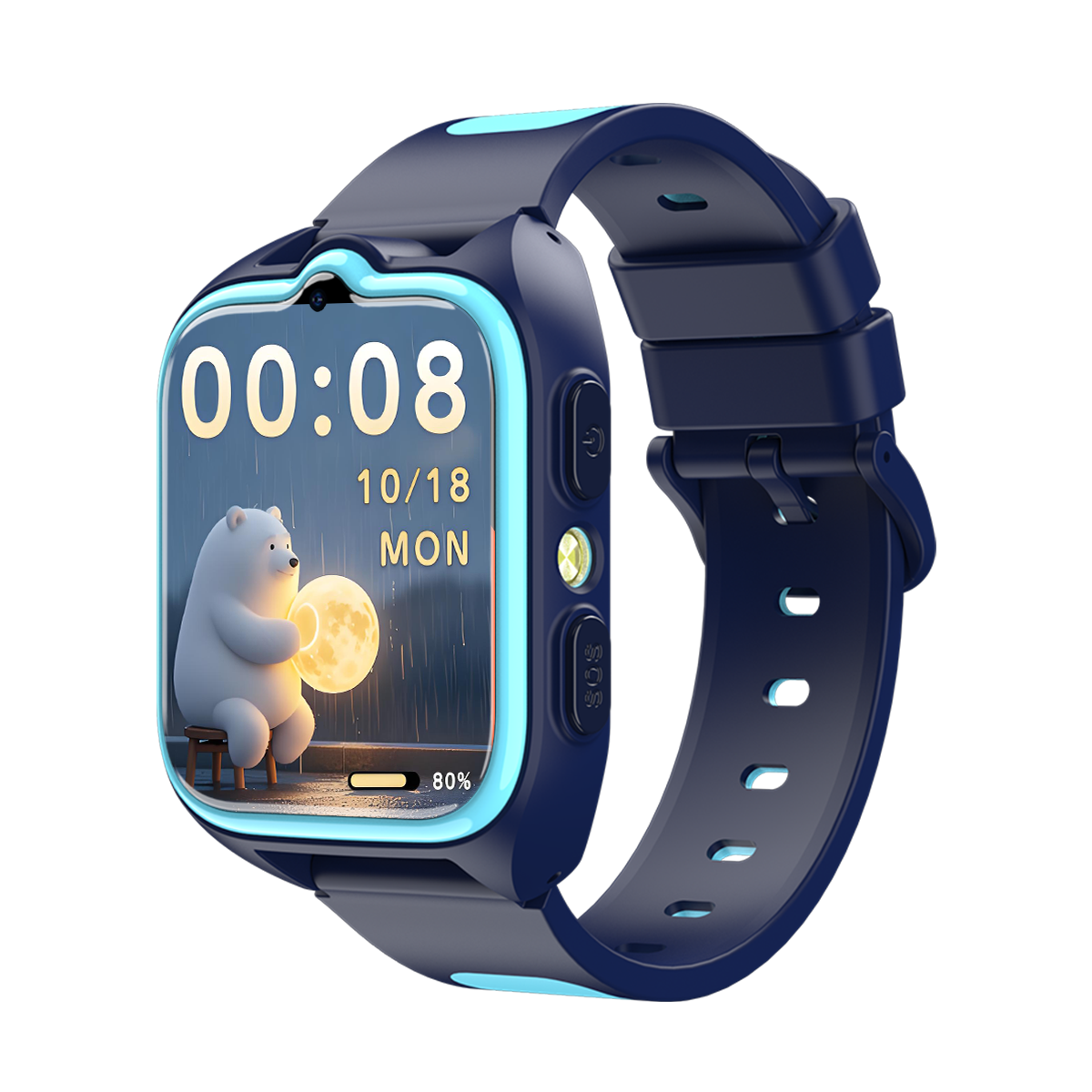 Ciemnoniebieski smartwatch z niedźwiedziem na ekranie trzymającym świecącą kulę.