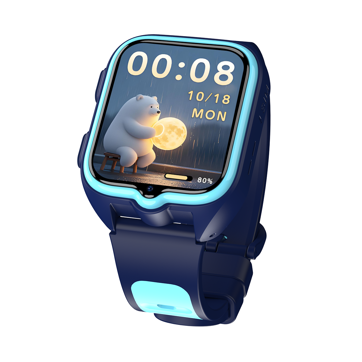 Niebieski smartwatch wyświetla kreskówkowego misia trzymającego świecący księżyc. Godzina: 00:08.