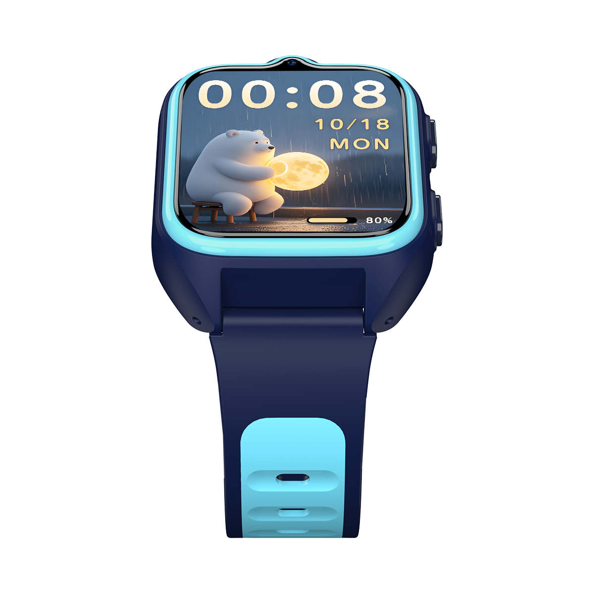 Niebieski smartwatch z niedźwiedziem polarnym trzymającym księżyc. 00:08.