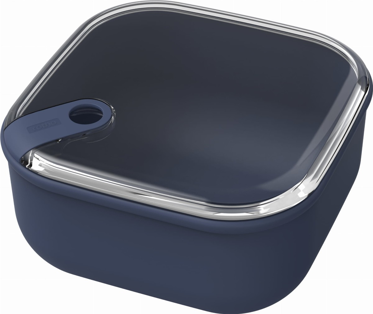 Contenitore blu scuro con coperchio trasparente e bordo argentato.