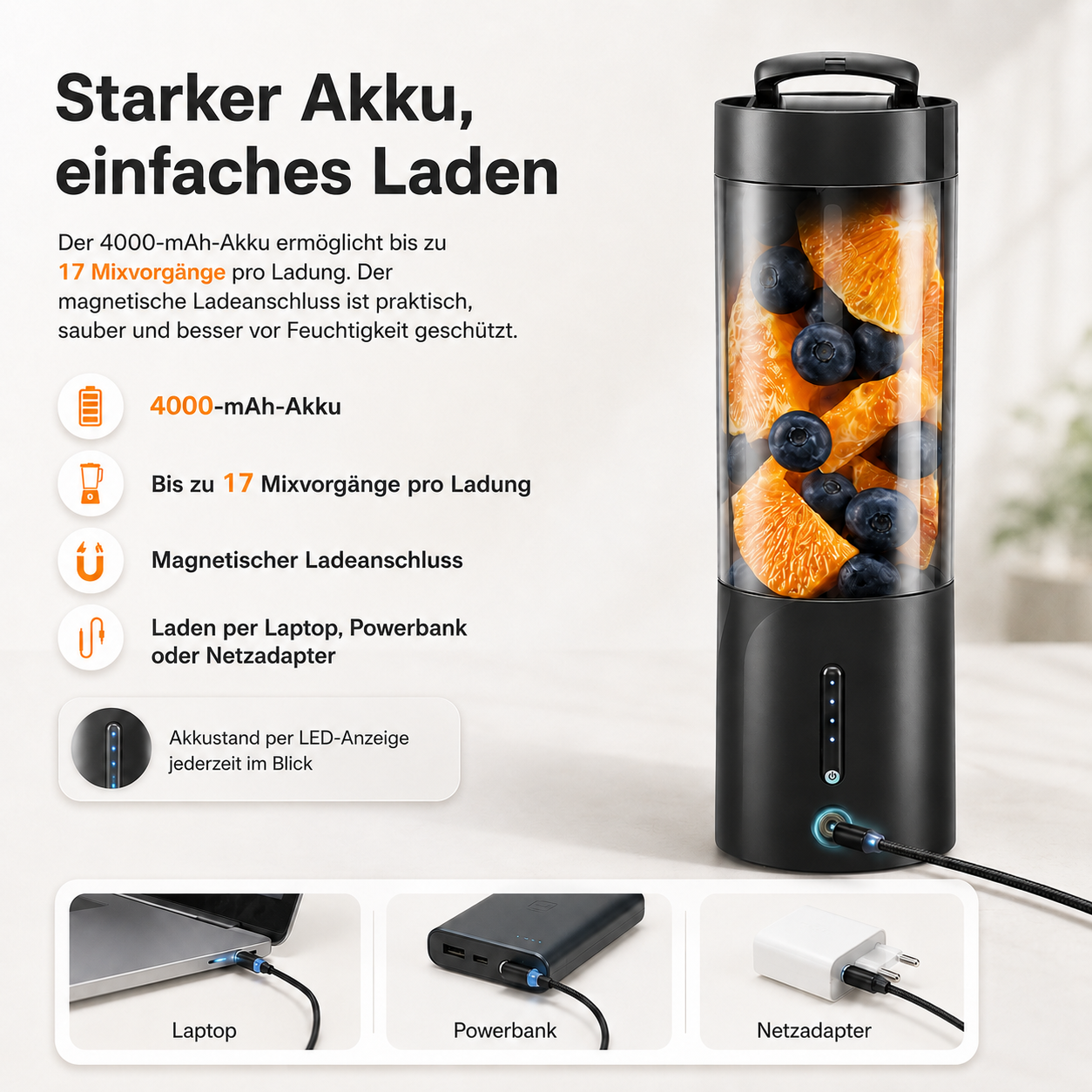 Schwarzer tragbarer Mixer mit Orangen und Blaubeeren, lädt über Laptop, Powerbank oder Adapter.