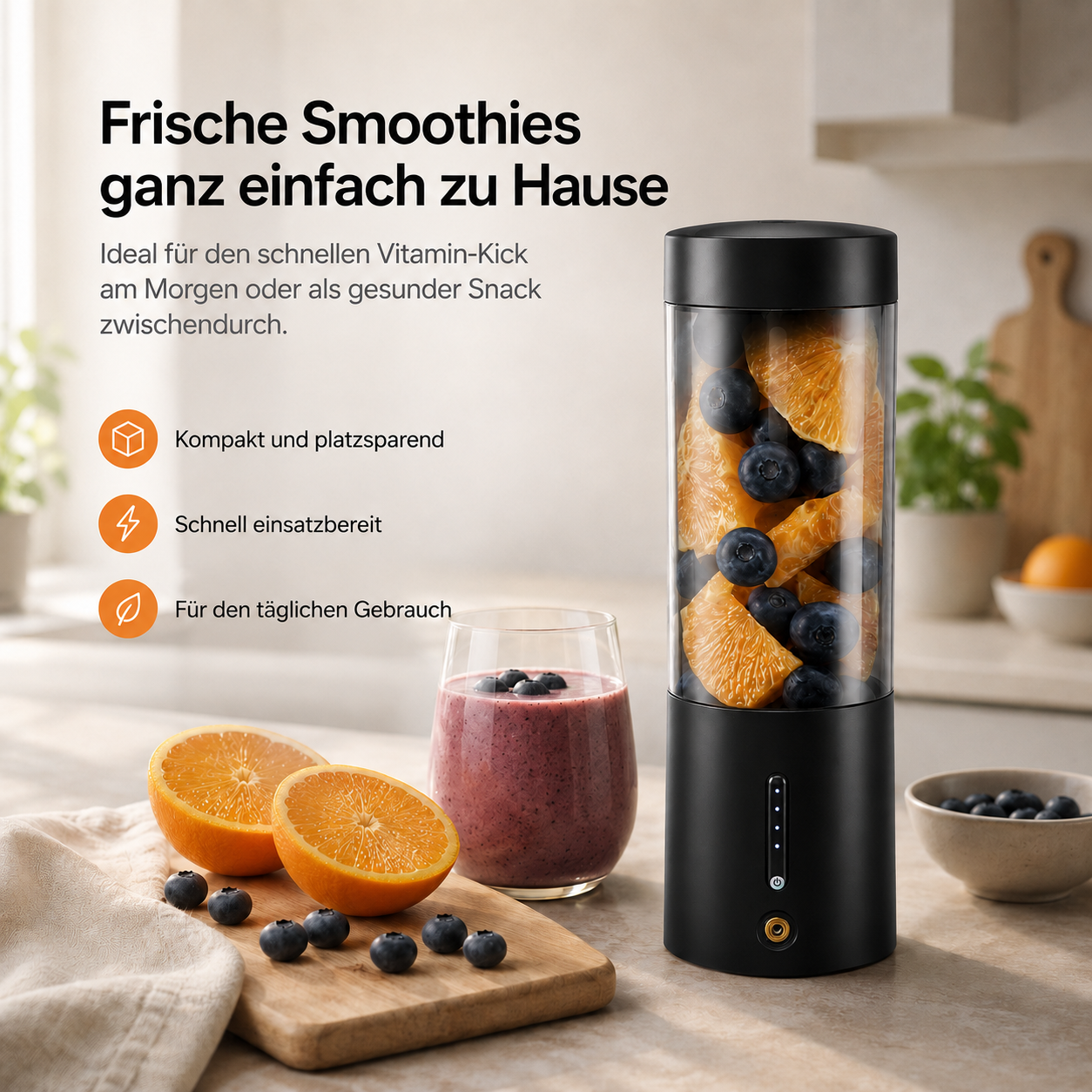 Ein Smoothie-Mixer mit Orangen und Blaubeeren, daneben ein Glas Smoothie.