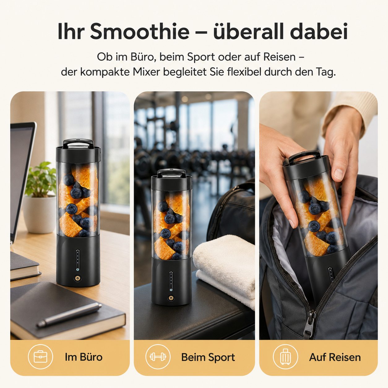 Tragbarer Mixer mit Orangen und Blaubeeren, für Büro, Sport und Reisen.