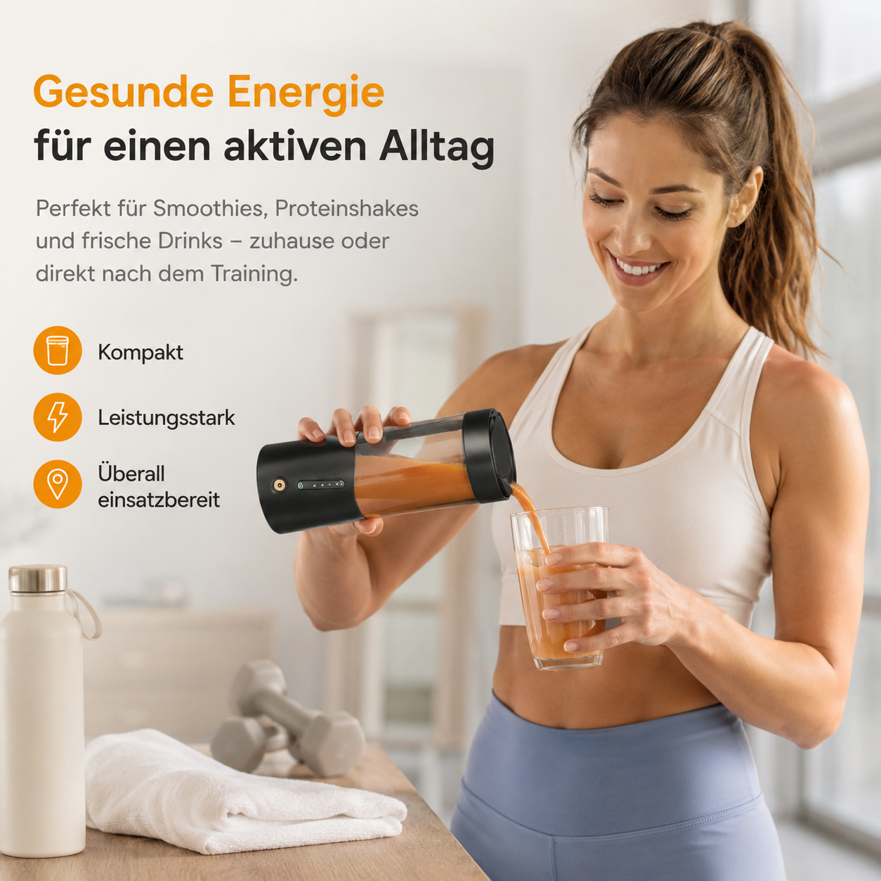 Eine Frau gießt einen orangen Smoothie aus einem tragbaren Mixer in ein Glas.