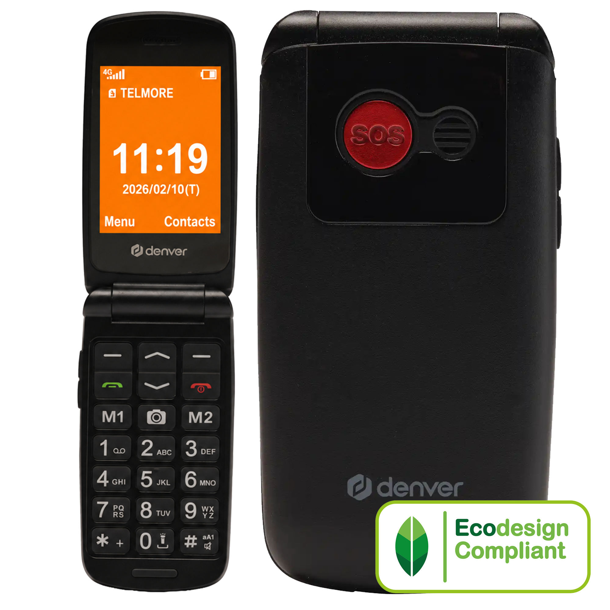 Un téléphone à clapet noir ouvert avec un grand écran et un clavier à côté.